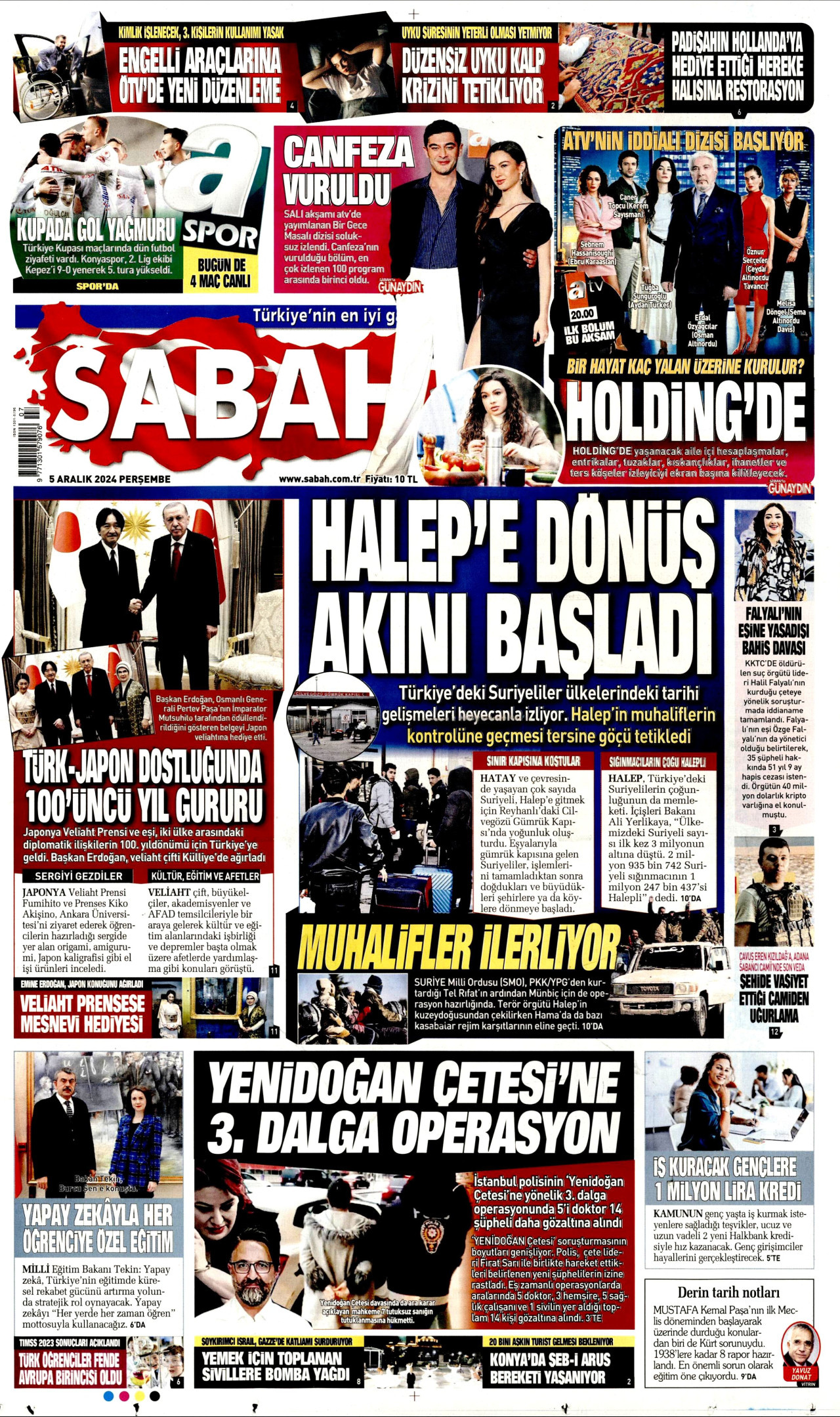 SABAH gazetesinin 5 Aralık 2024 tarihli birinci sayfası