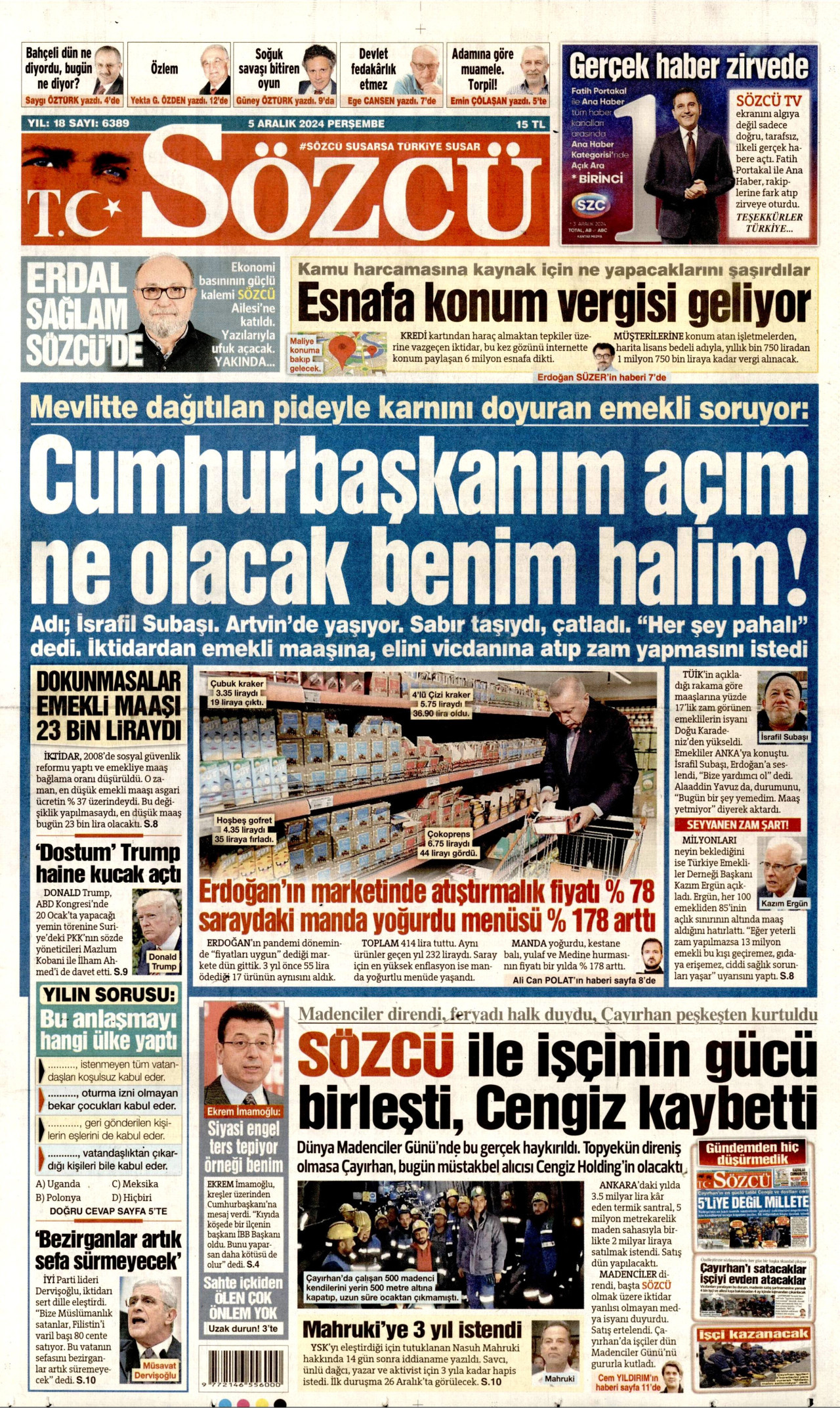 SÖZCÜ gazetesinin 5 Aralık 2024 tarihli birinci sayfası