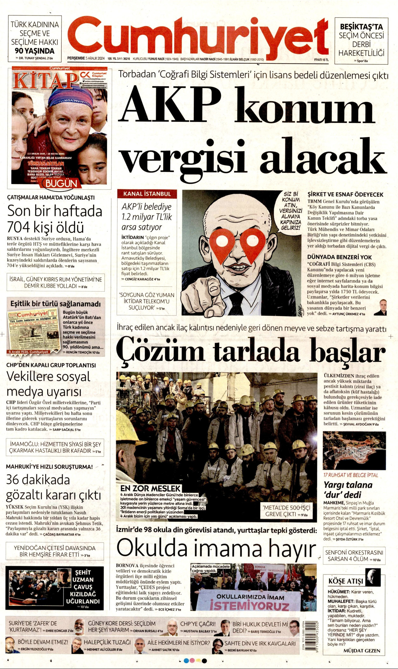 CUMHURİYET gazetesinin 5 Aralık 2024 tarihli birinci sayfası