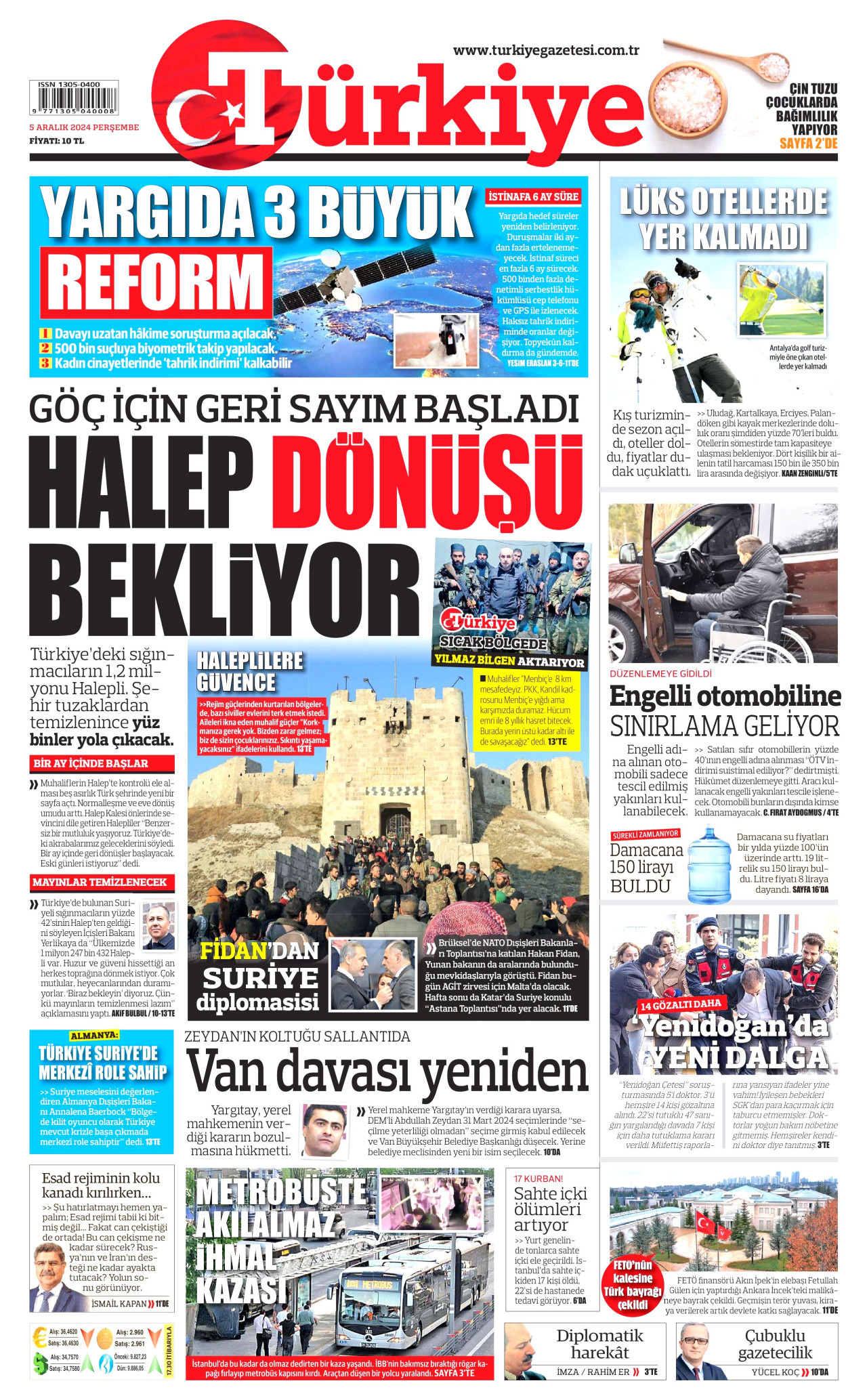 TÜRKİYE GAZETESİ gazetesinin 5 Aralık 2024 tarihli birinci sayfası