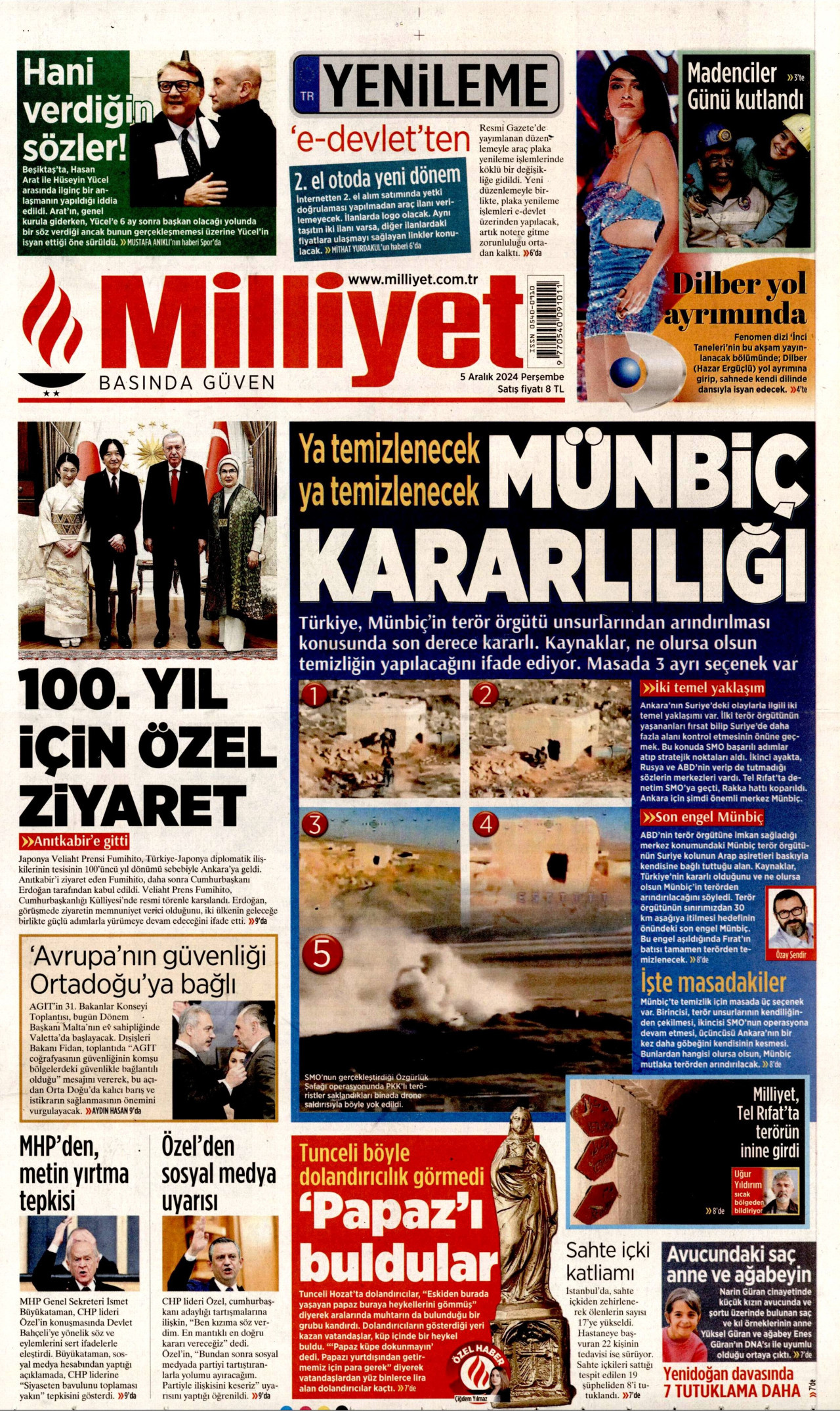 MİLLİYET gazetesinin 5 Aralık 2024 tarihli birinci sayfası