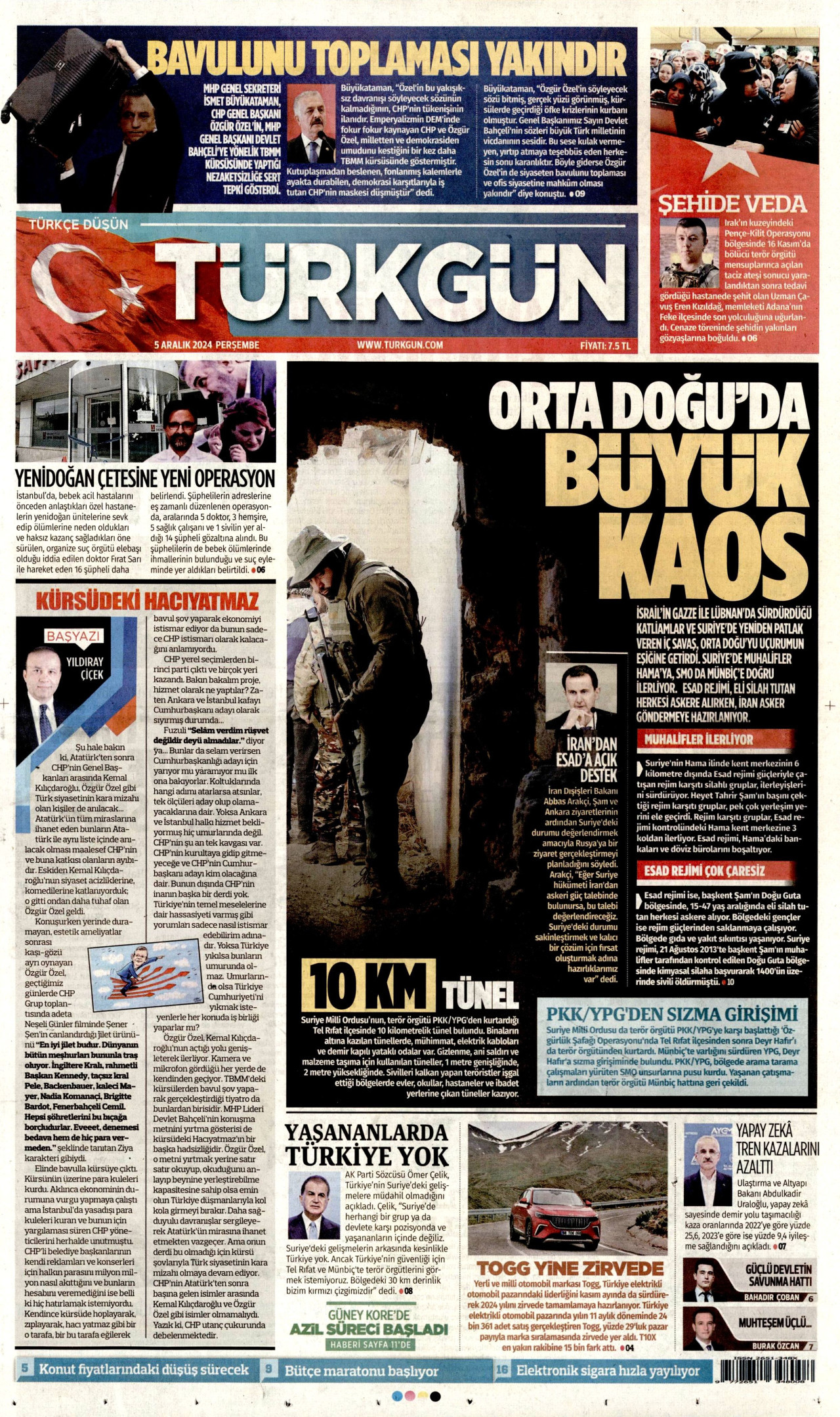 TÜRKGÜN gazetesinin 5 Aralık 2024 tarihli birinci sayfası