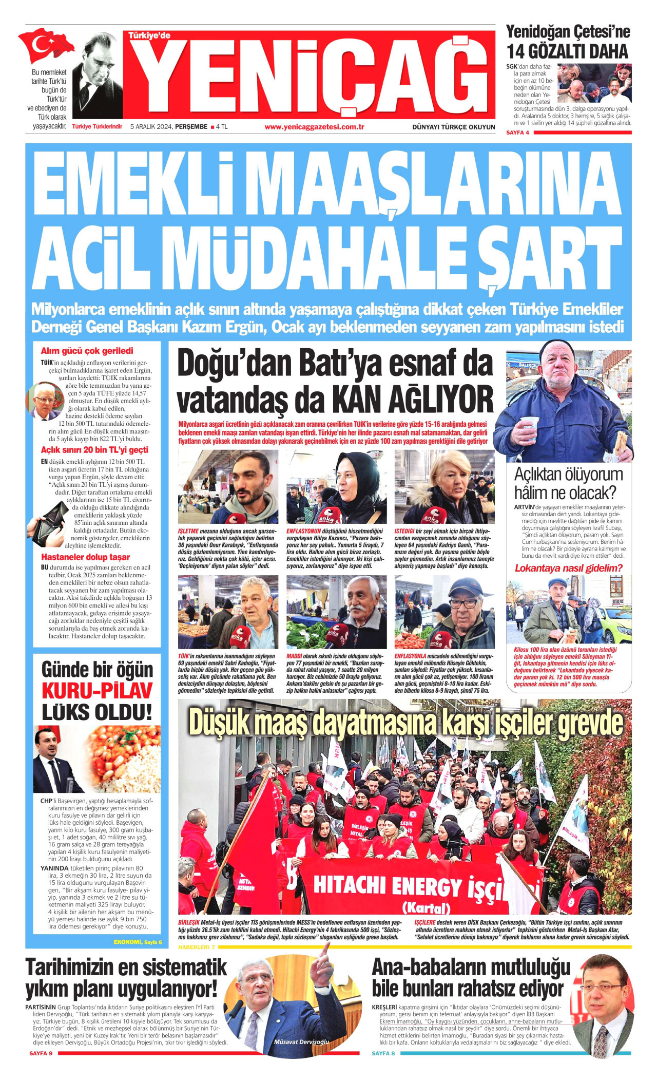 YENİÇAĞ gazetesinin 5 Aralık 2024 tarihli birinci sayfası