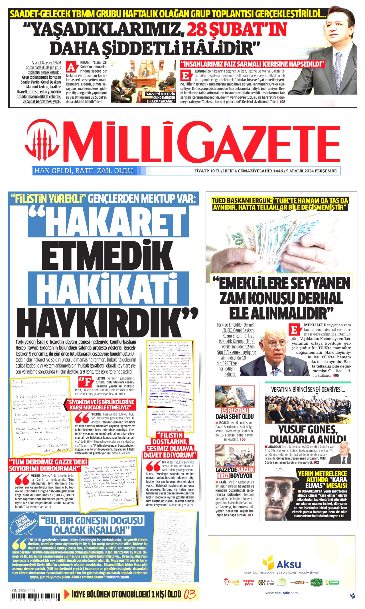 MİLLİ GAZETE gazetesinin 5 Aralık 2024 tarihli birinci sayfası