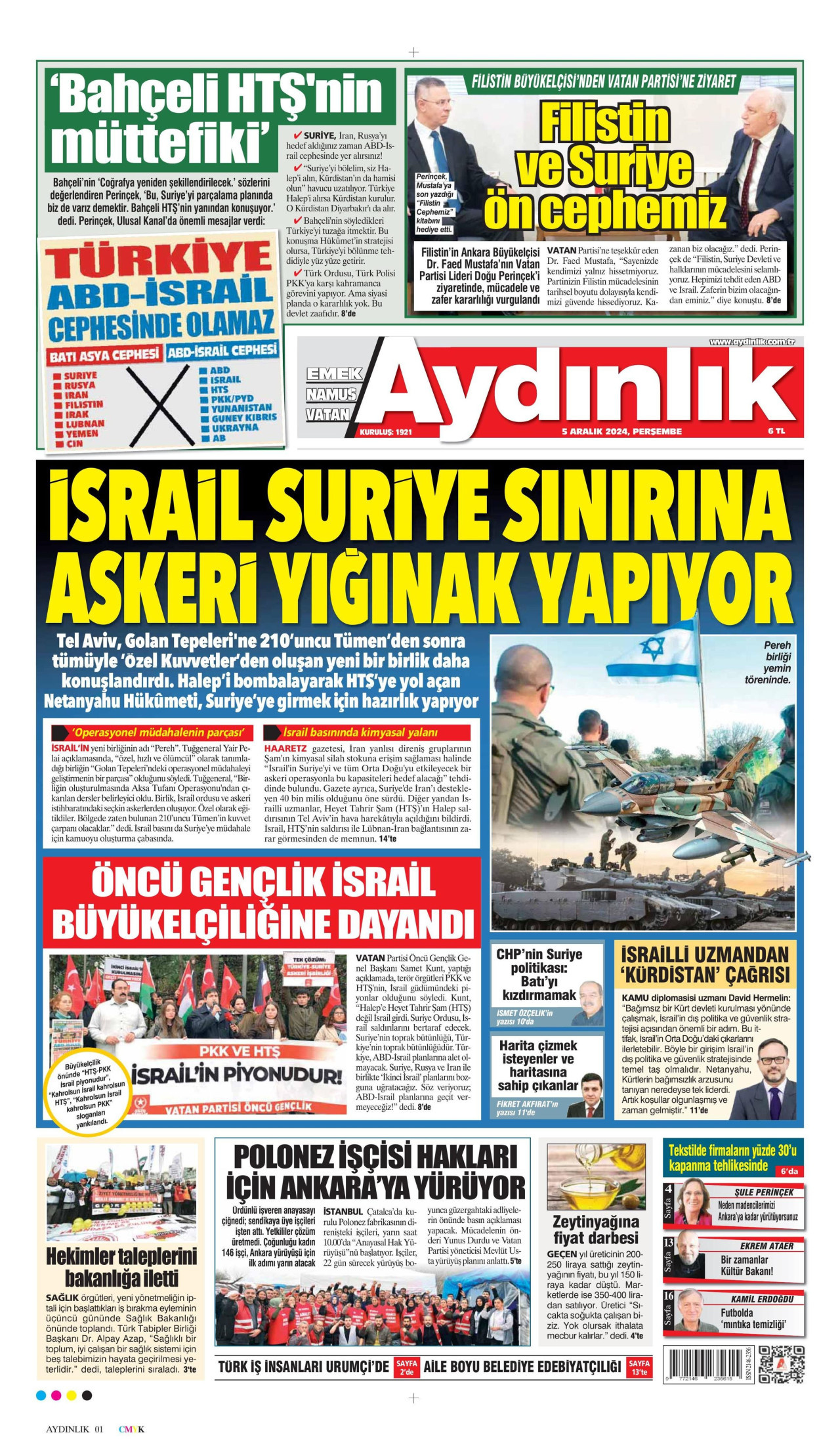 AYDINLIK GAZETESİ gazetesinin 5 Aralık 2024 tarihli birinci sayfası