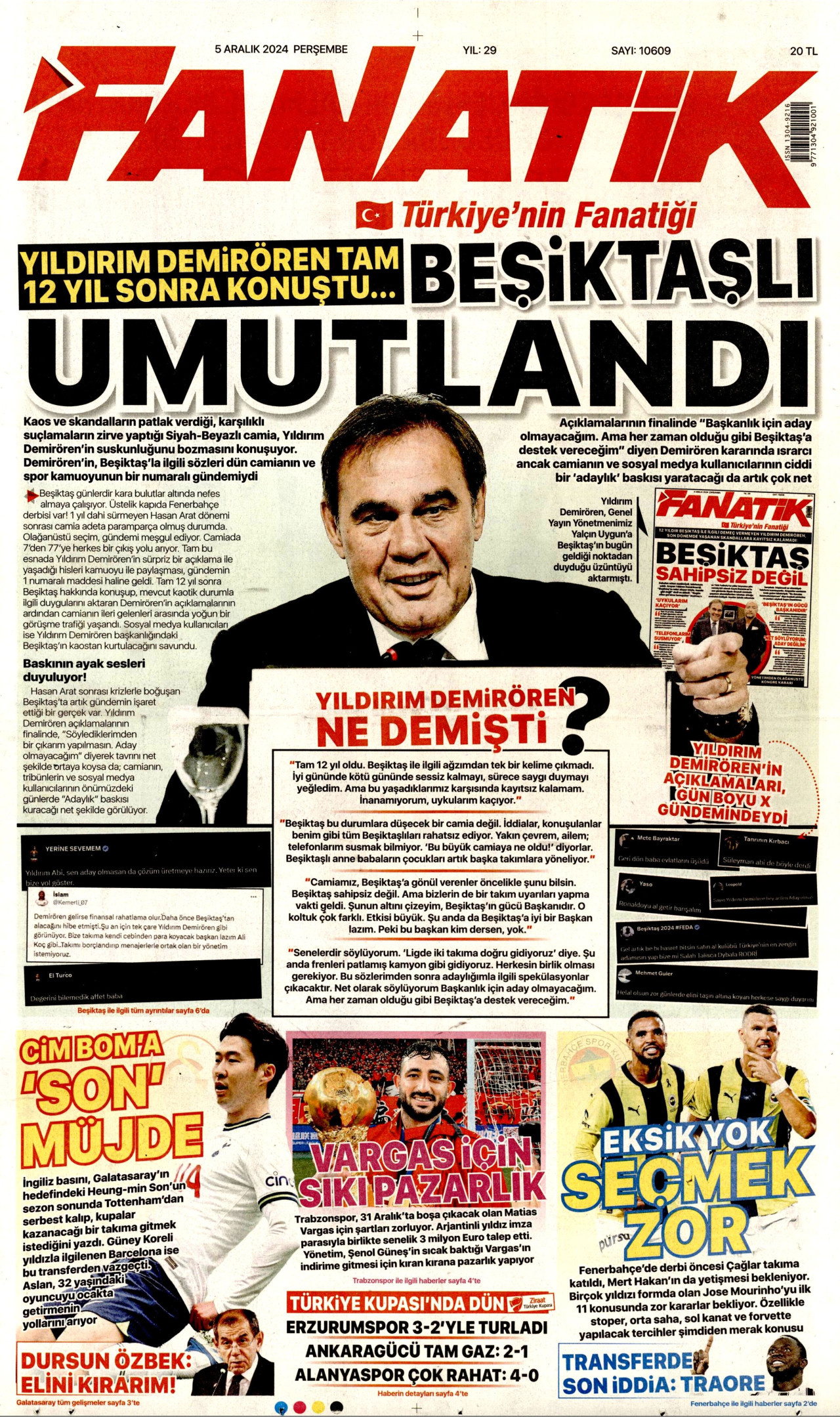 FANATİK gazetesinin 5 Aralık 2024 tarihli birinci sayfası