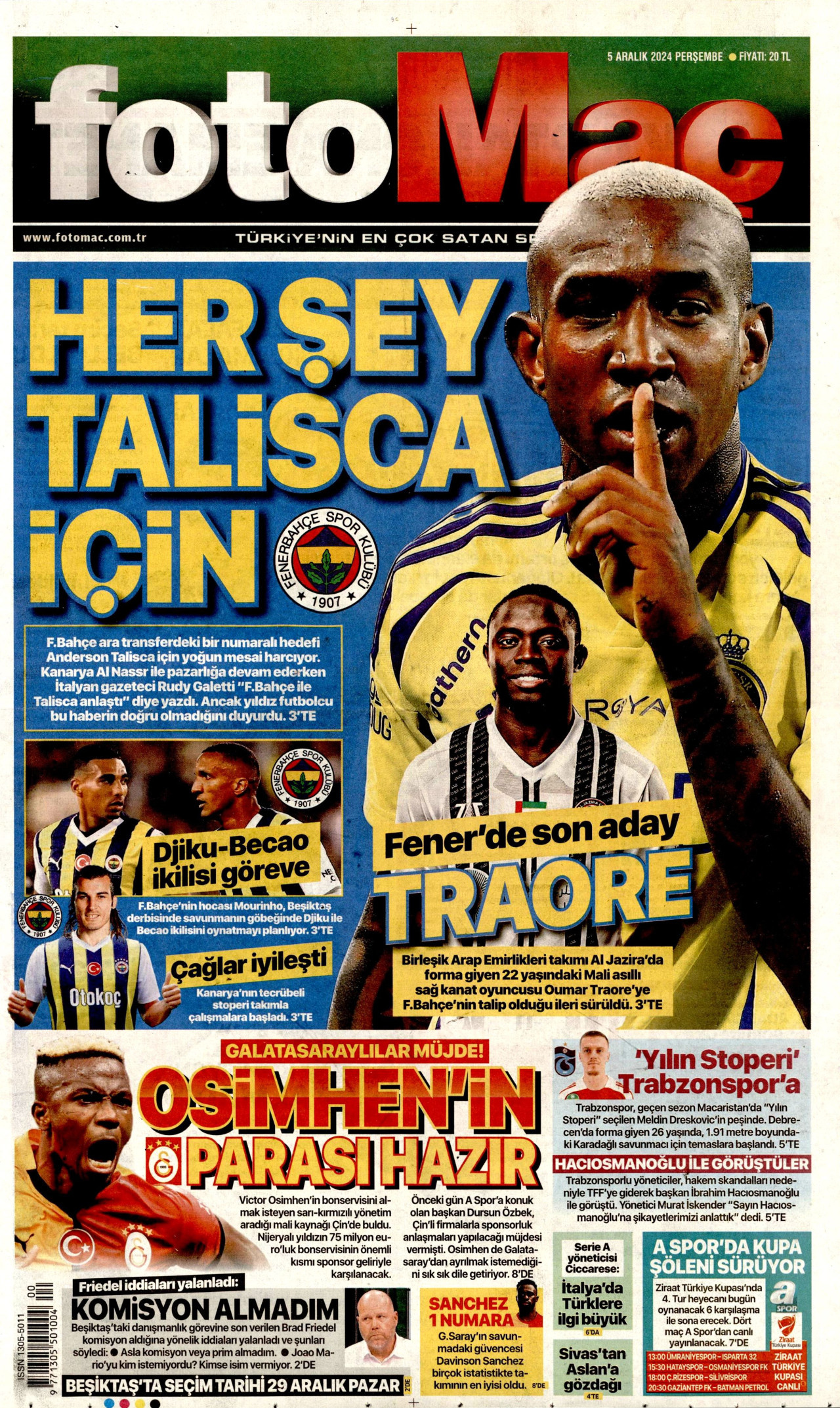 FOTOMAÇ gazetesinin 5 Aralık 2024 tarihli birinci sayfası