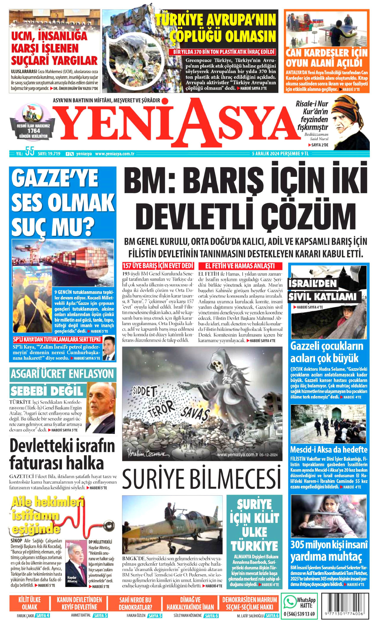 YENİ ASYA gazetesinin 5 Aralık 2024 tarihli birinci sayfası
