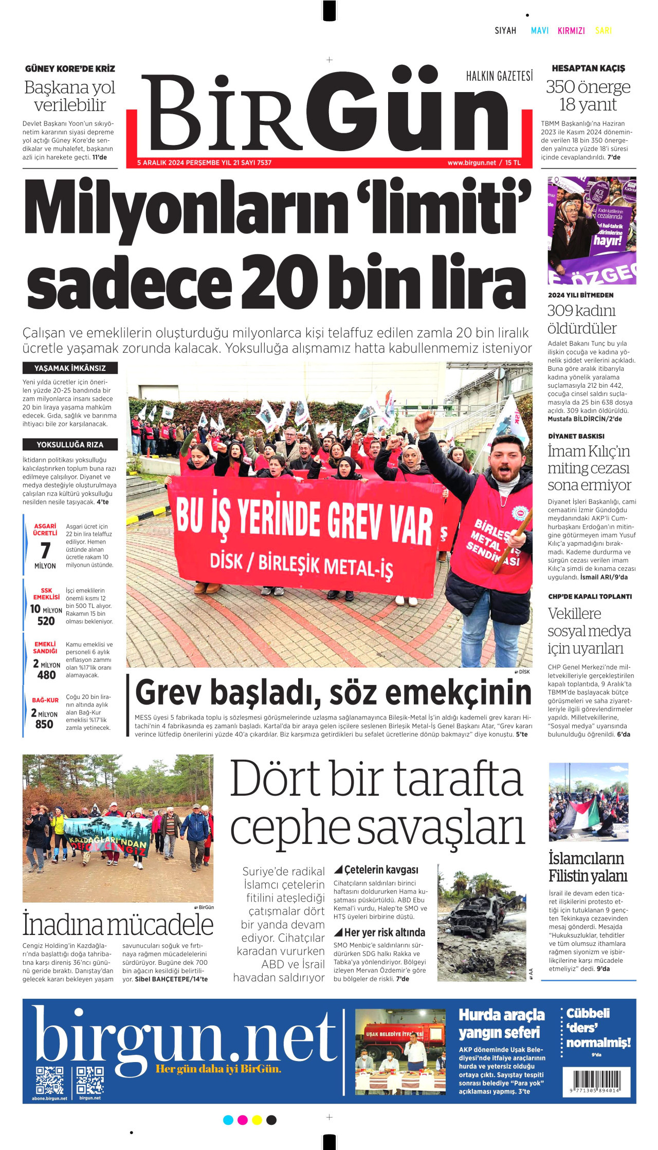 BİRGÜN gazetesinin 5 Aralık 2024 tarihli birinci sayfası