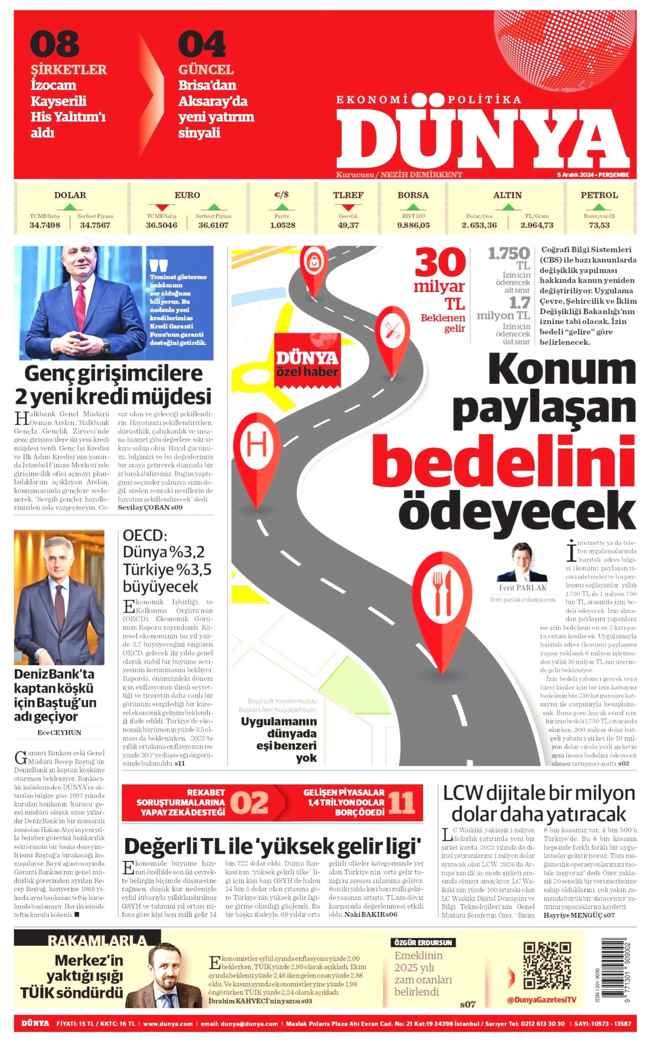 DÜNYA gazetesinin 5 Aralık 2024 tarihli birinci sayfası