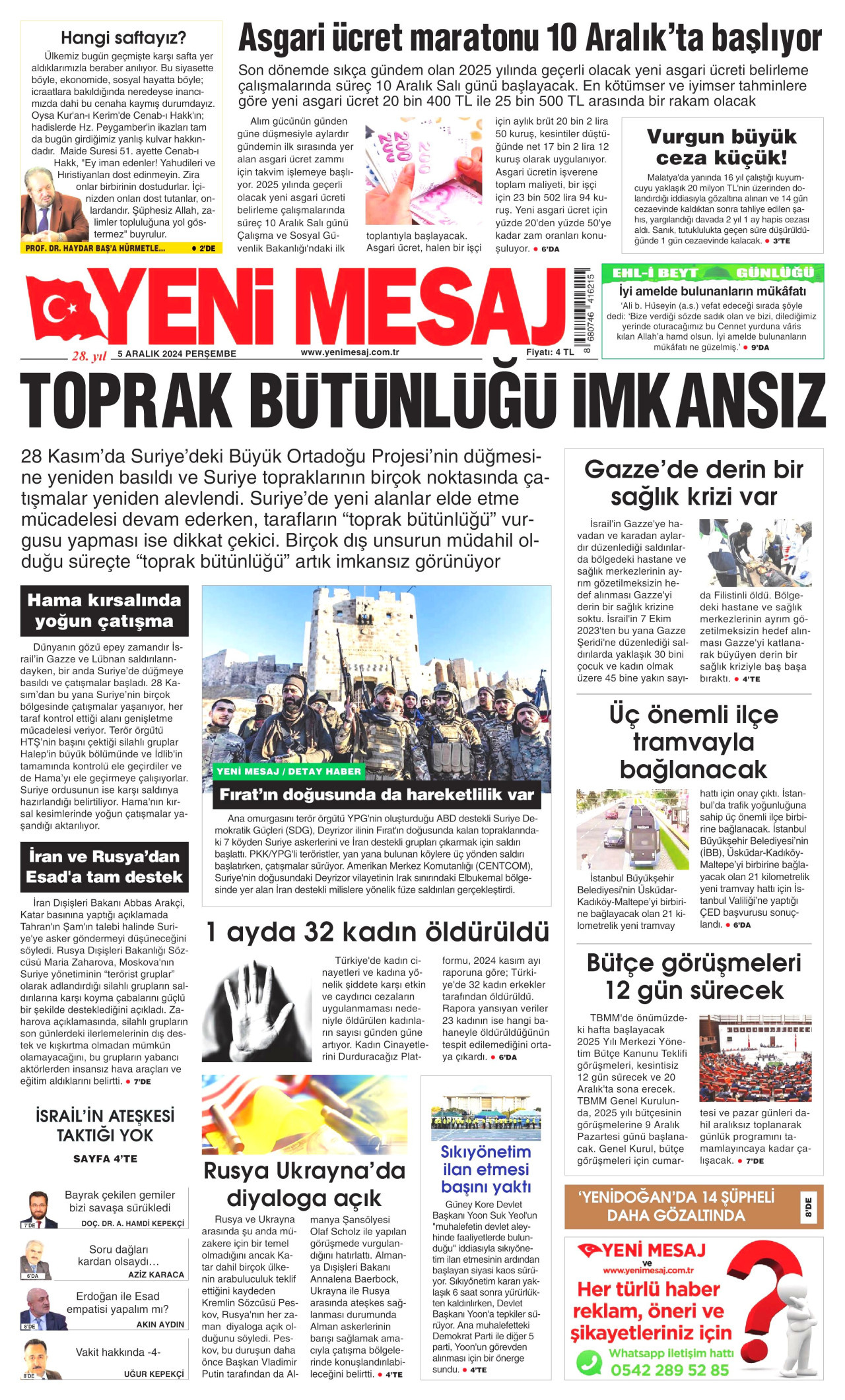 YENİ MESAJ gazetesinin 5 Aralık 2024 tarihli birinci sayfası
