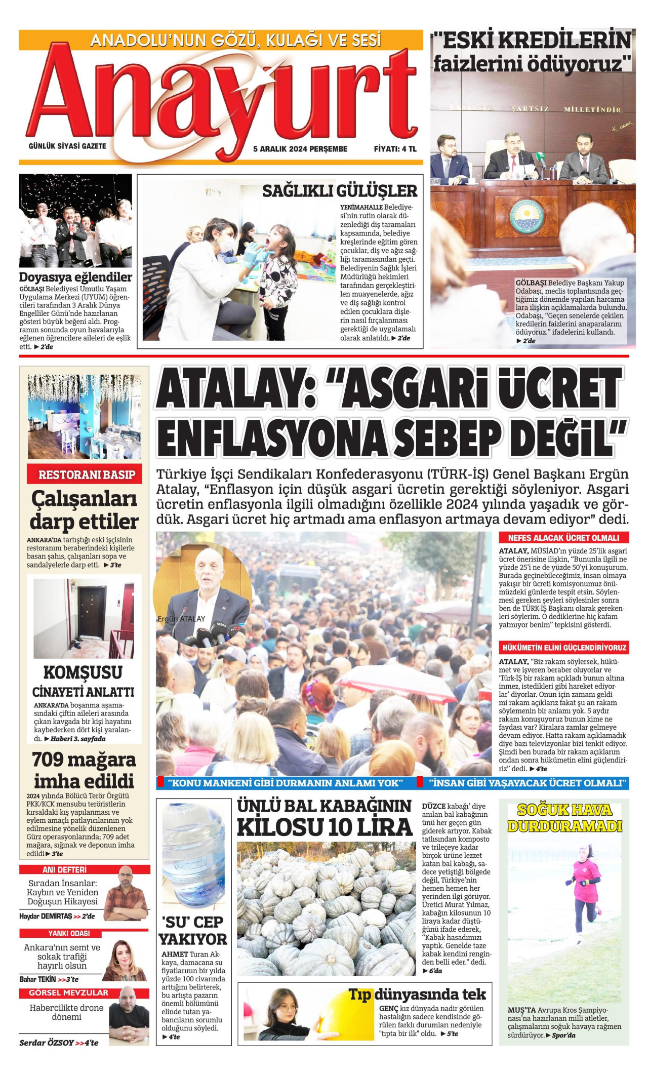 ANAYURT gazetesinin 5 Aralık 2024 tarihli birinci sayfası