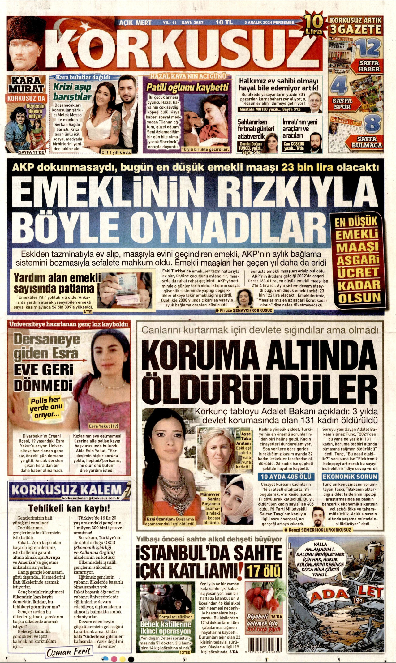 KORKUSUZ gazetesinin 5 Aralık 2024 tarihli birinci sayfası