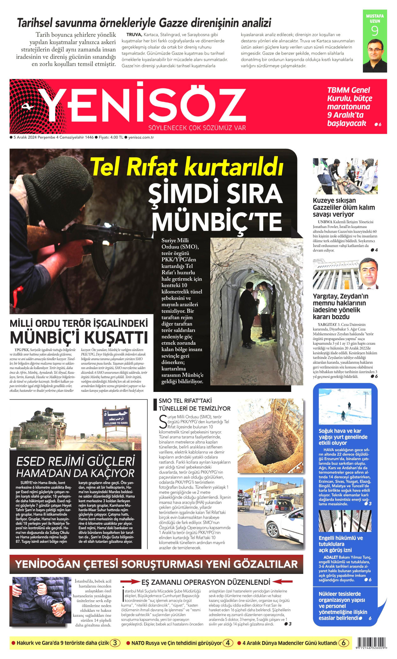 YENİ SÖZ GAZETESİ gazetesinin 5 Aralık 2024 tarihli birinci sayfası