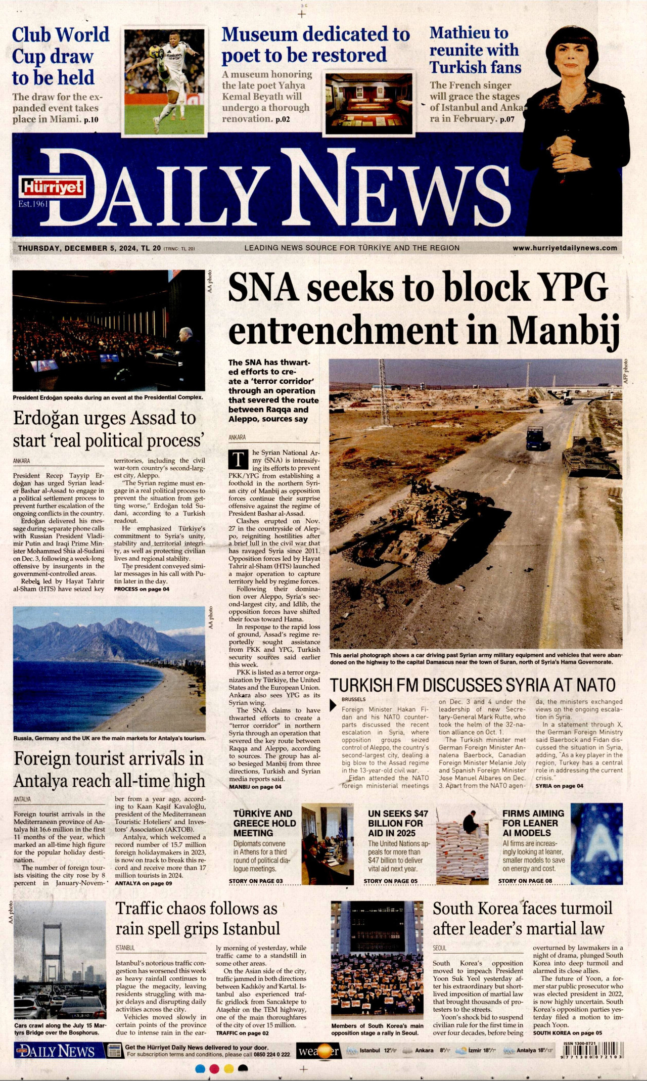 HÜRRİYET DAİLY NEWS gazetesinin 5 Aralık 2024 tarihli birinci sayfası
