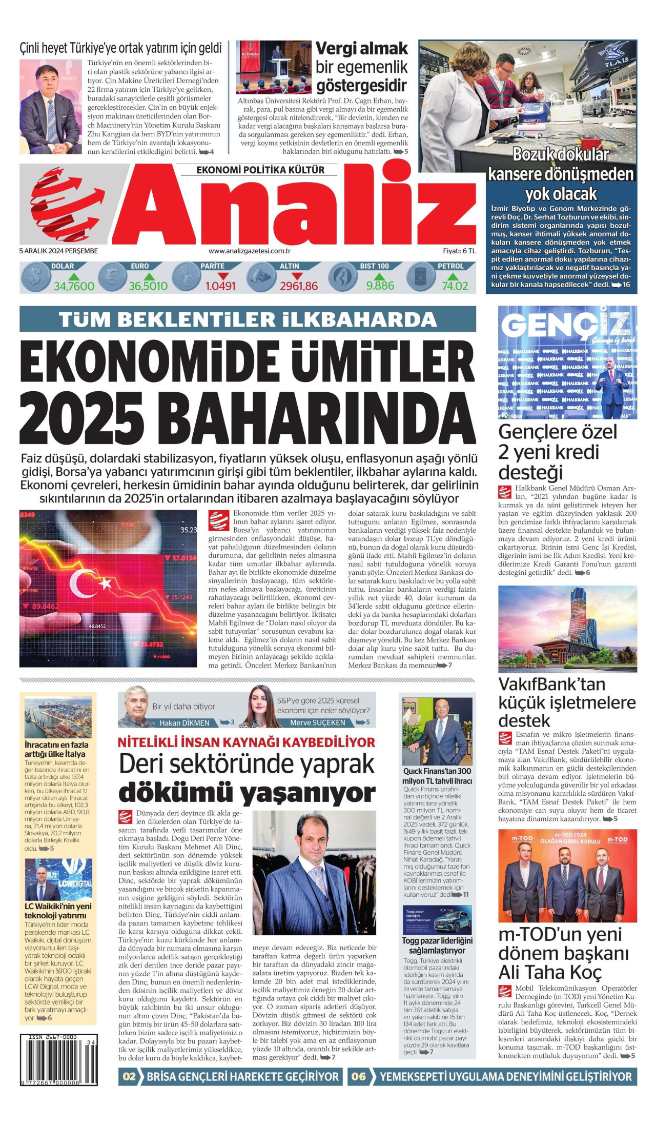 ANALİZ gazetesinin 5 Aralık 2024 tarihli birinci sayfası