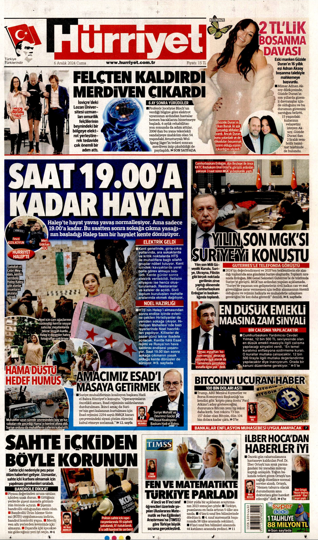HÜRRİYET gazetesinin 6 Aralık 2024 tarihli birinci sayfası