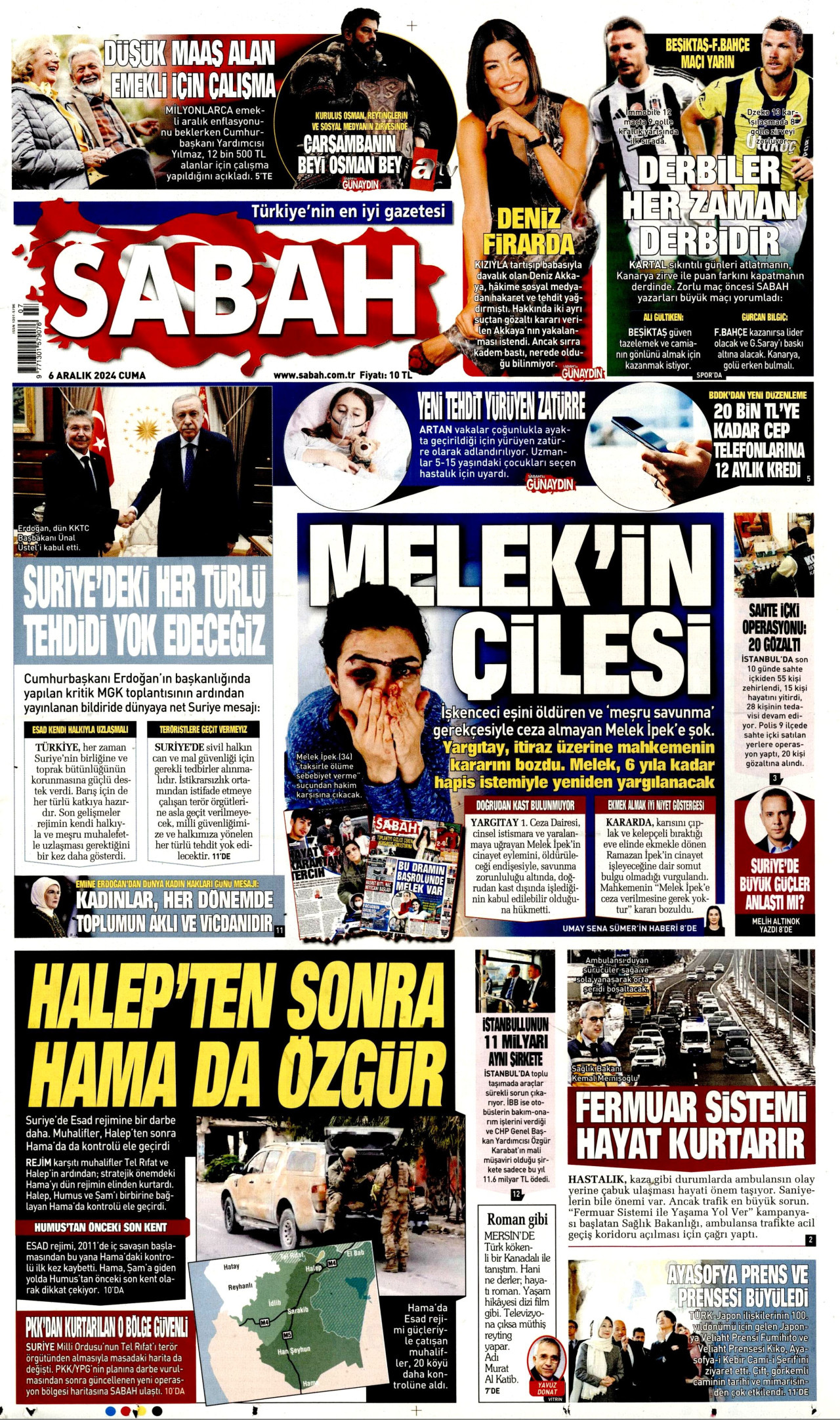 SABAH gazetesinin 6 Aralık 2024 tarihli birinci sayfası