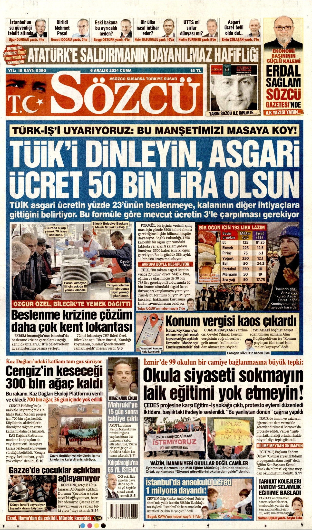 SÖZCÜ gazetesinin 6 Aralık 2024 tarihli birinci sayfası