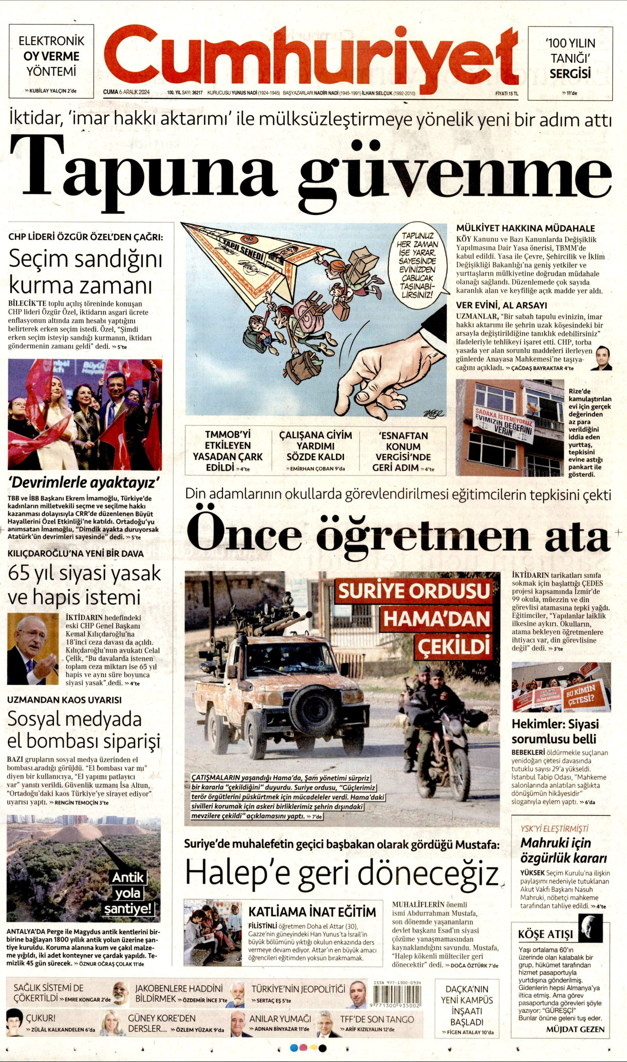 CUMHURİYET gazetesinin 6 Aralık 2024 tarihli birinci sayfası