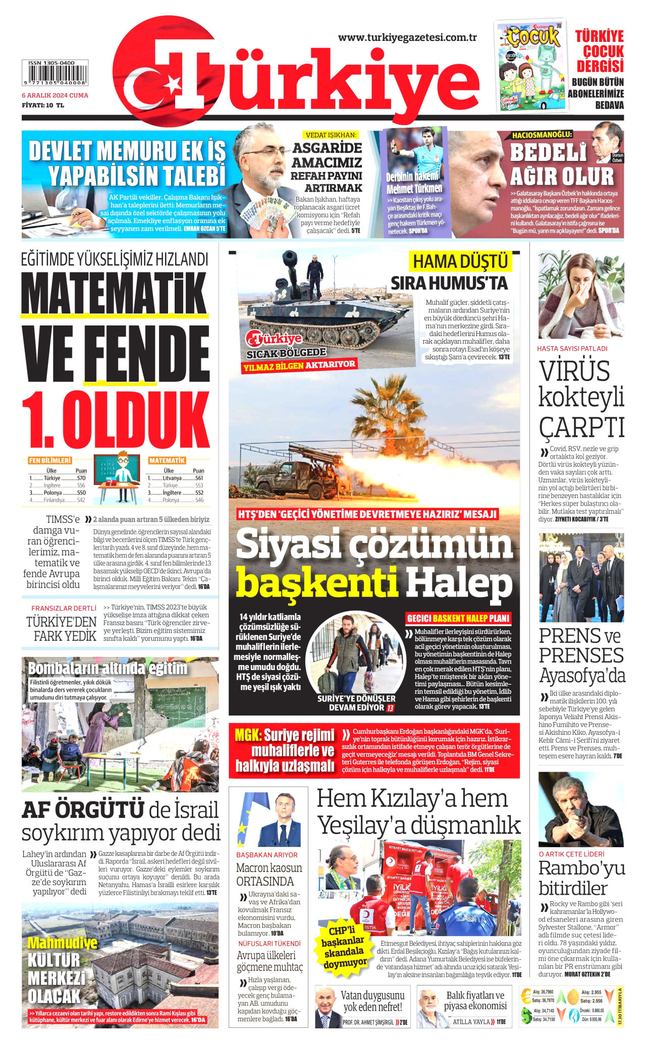 TÜRKİYE GAZETESİ gazetesinin 6 Aralık 2024 tarihli birinci sayfası