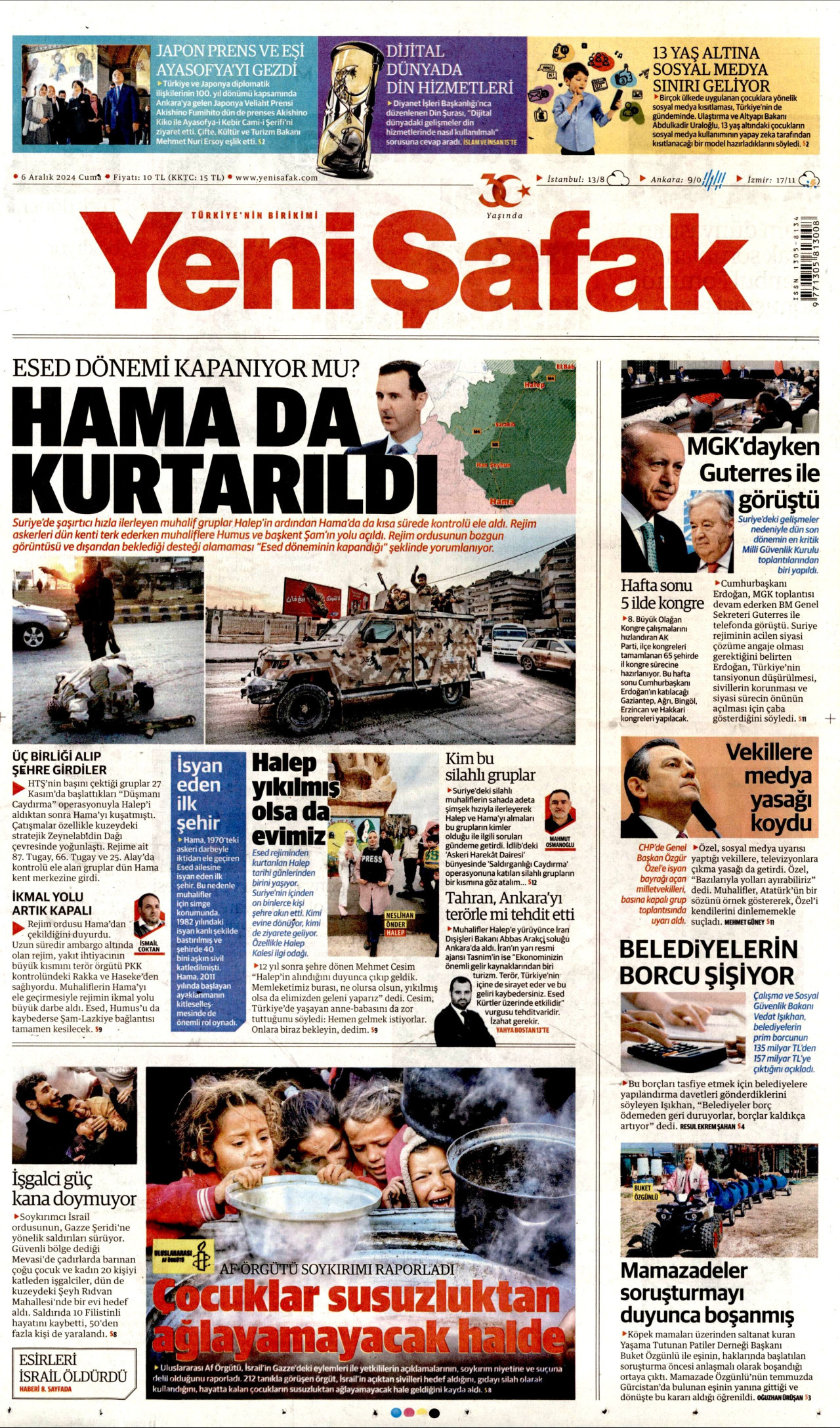 YENİ ŞAFAK gazetesinin 6 Aralık 2024 tarihli birinci sayfası