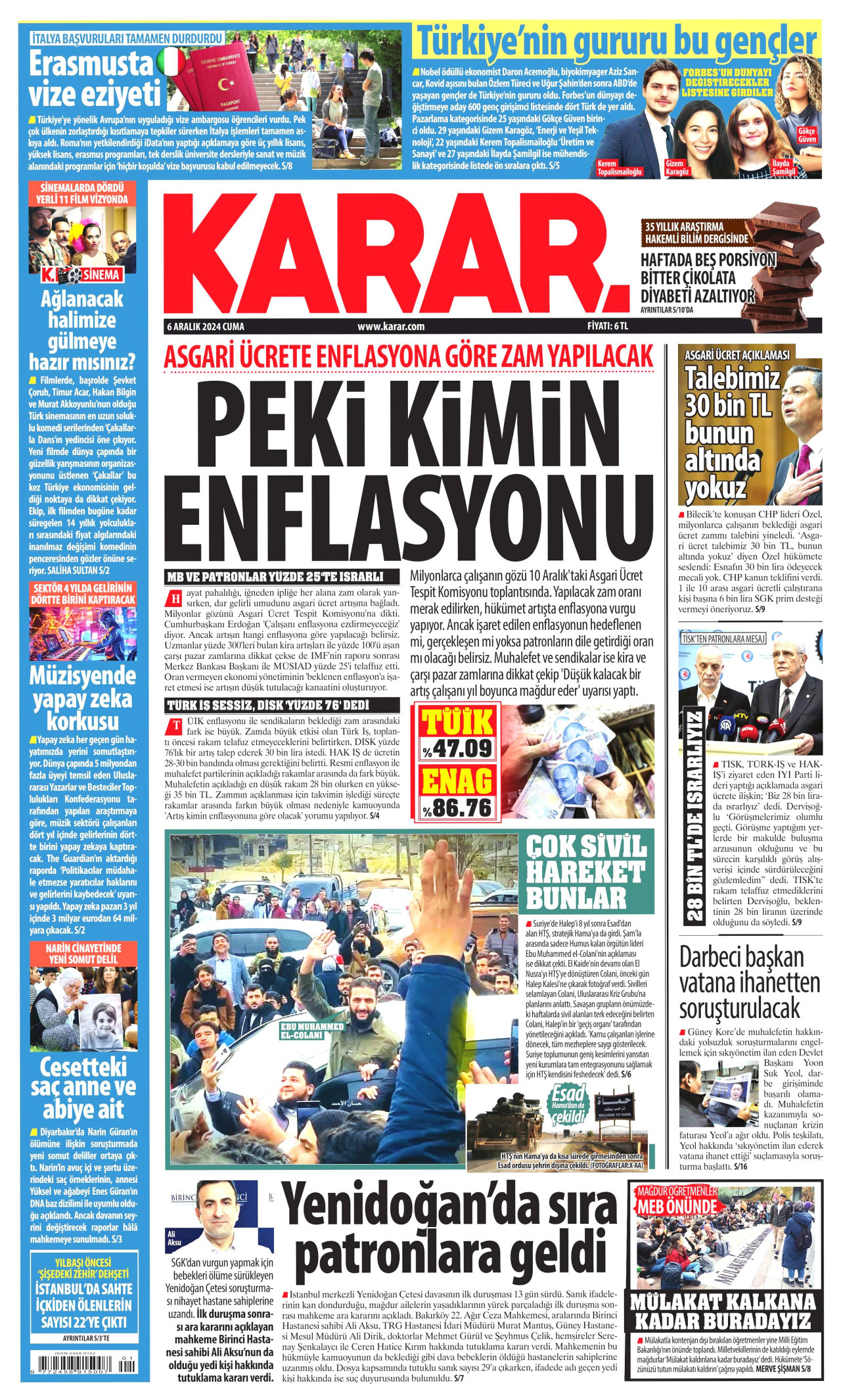 KARAR gazetesinin 6 Aralık 2024 tarihli birinci sayfası