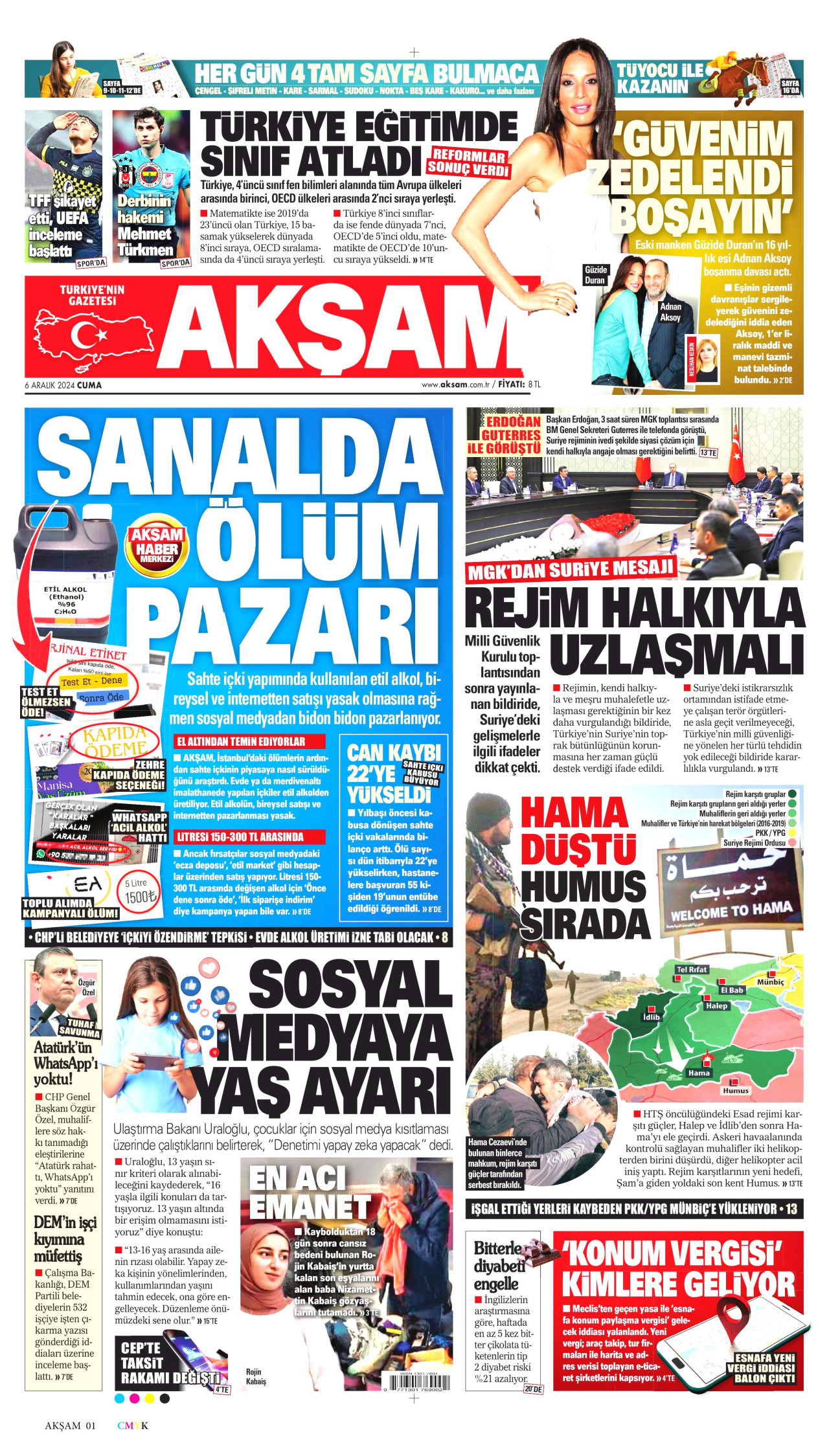 AKŞAM gazetesinin 6 Aralık 2024 tarihli birinci sayfası
