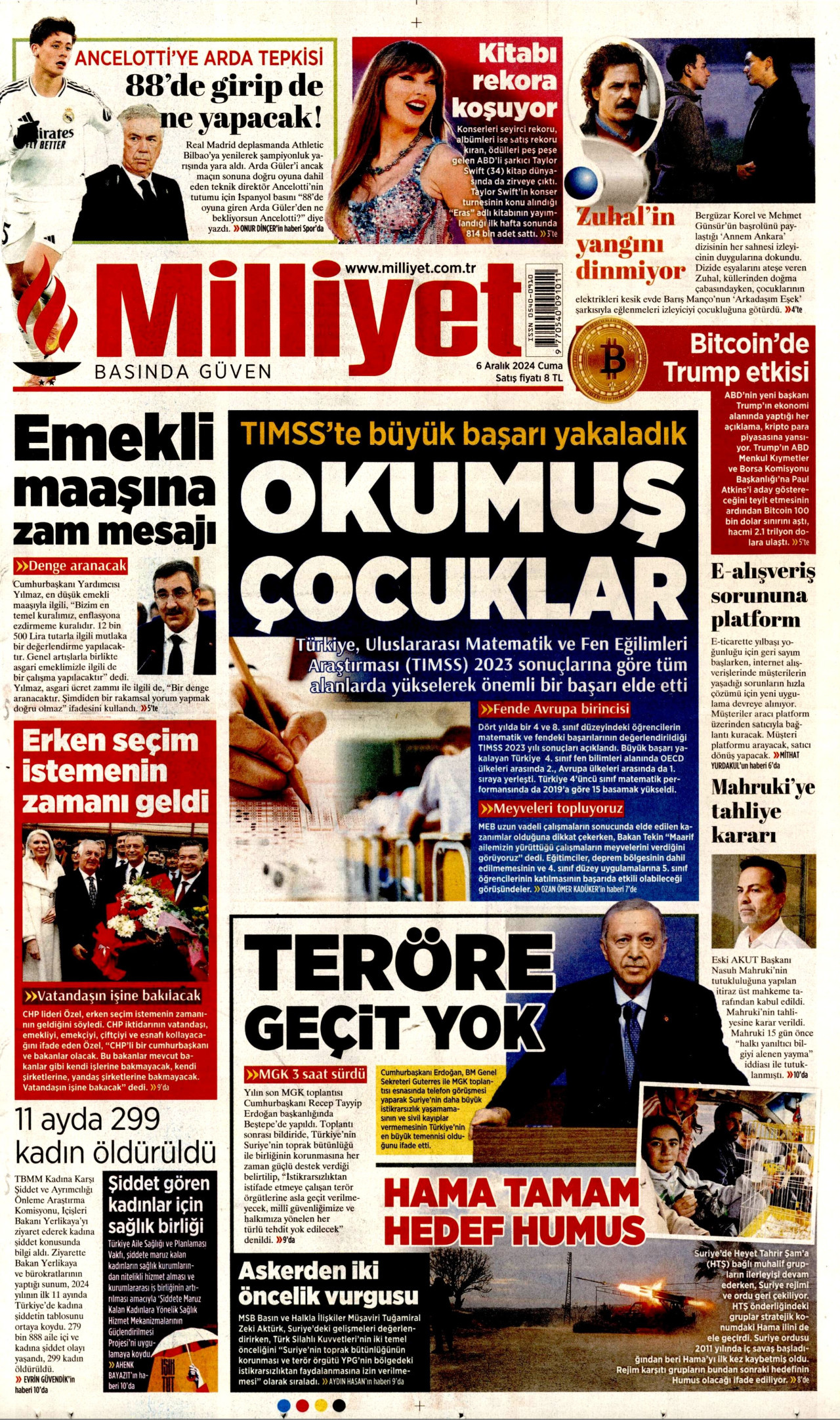 MİLLİYET gazetesinin 6 Aralık 2024 tarihli birinci sayfası