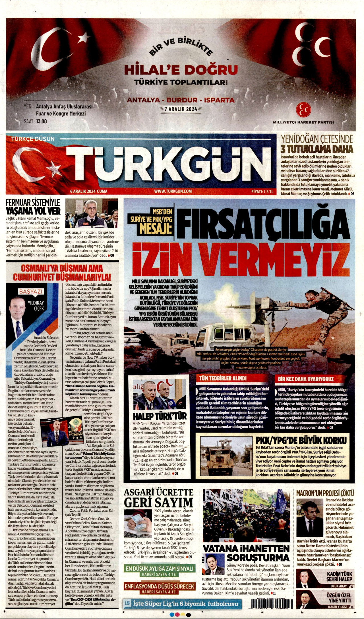 TÜRKGÜN gazetesinin 6 Aralık 2024 tarihli birinci sayfası