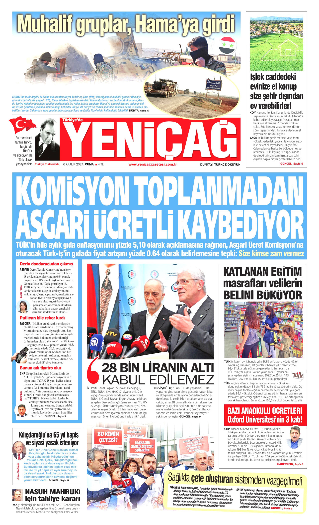 YENİÇAĞ gazetesinin 6 Aralık 2024 tarihli birinci sayfası