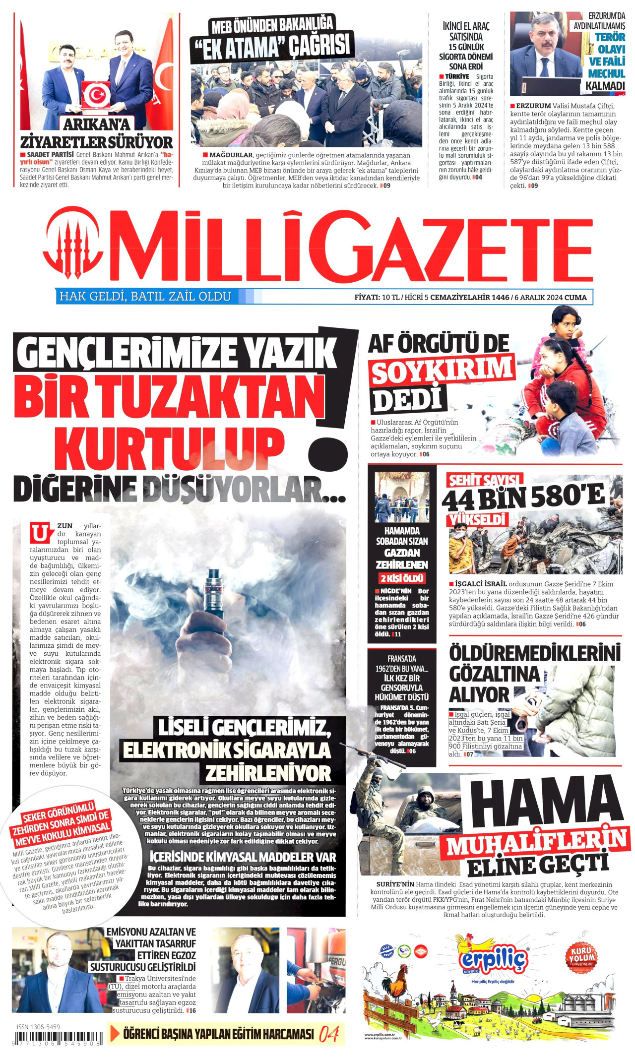 MİLLİ GAZETE gazetesinin 6 Aralık 2024 tarihli birinci sayfası