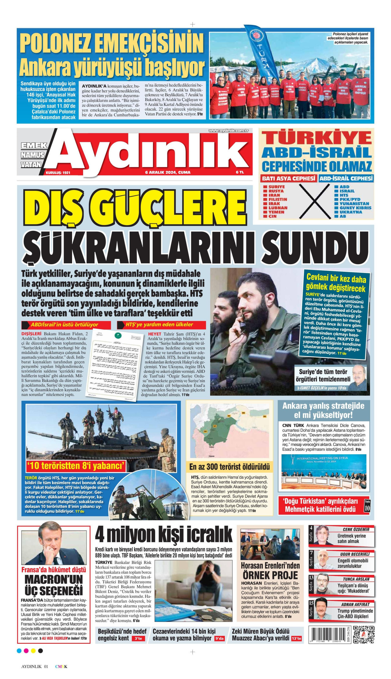 AYDINLIK GAZETESİ gazetesinin 6 Aralık 2024 tarihli birinci sayfası
