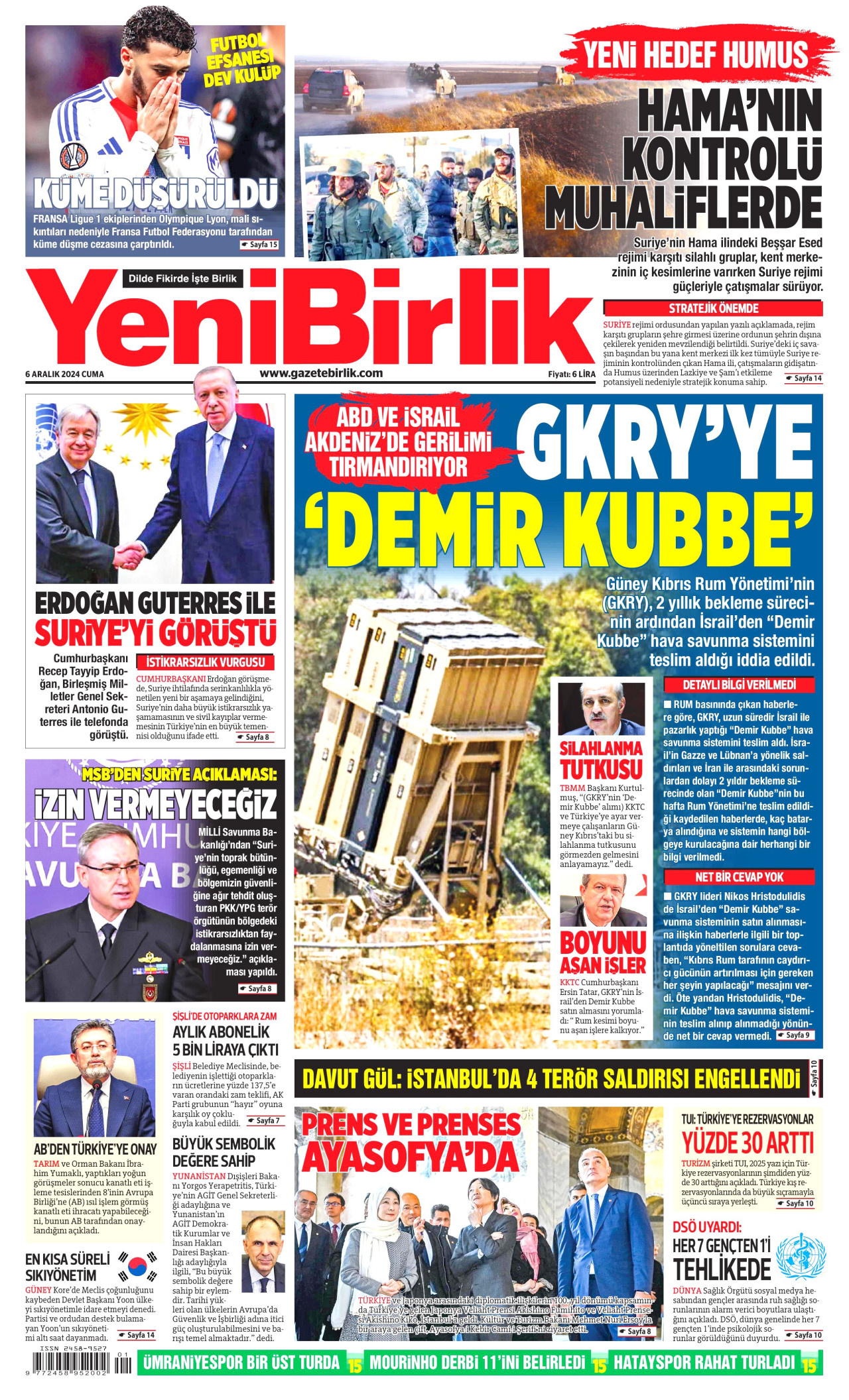 YENİBİRLİK gazetesinin 6 Aralık 2024 tarihli birinci sayfası