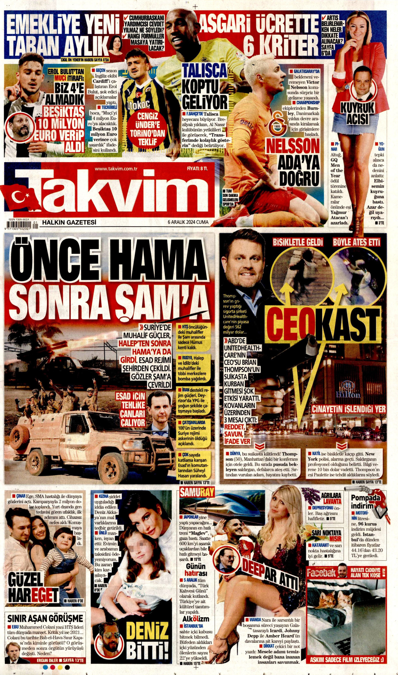 TAKVİM gazetesinin 6 Aralık 2024 tarihli birinci sayfası