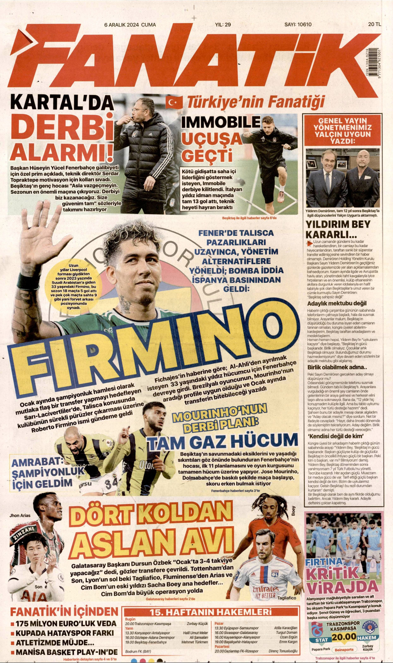 FANATİK gazetesinin 6 Aralık 2024 tarihli birinci sayfası