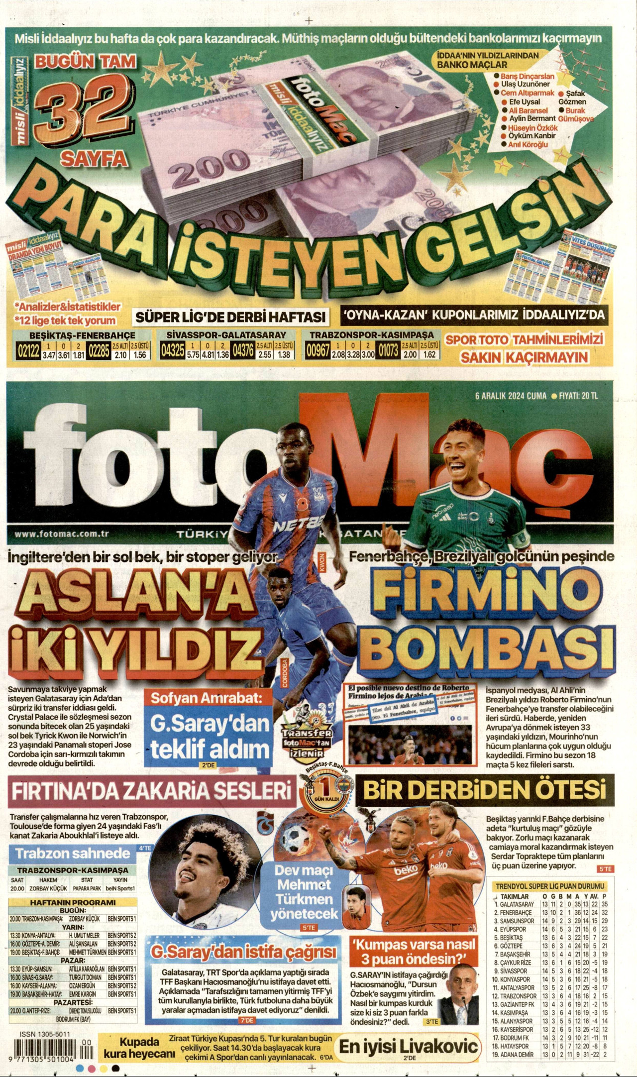 FOTOMAÇ gazetesinin 6 Aralık 2024 tarihli birinci sayfası