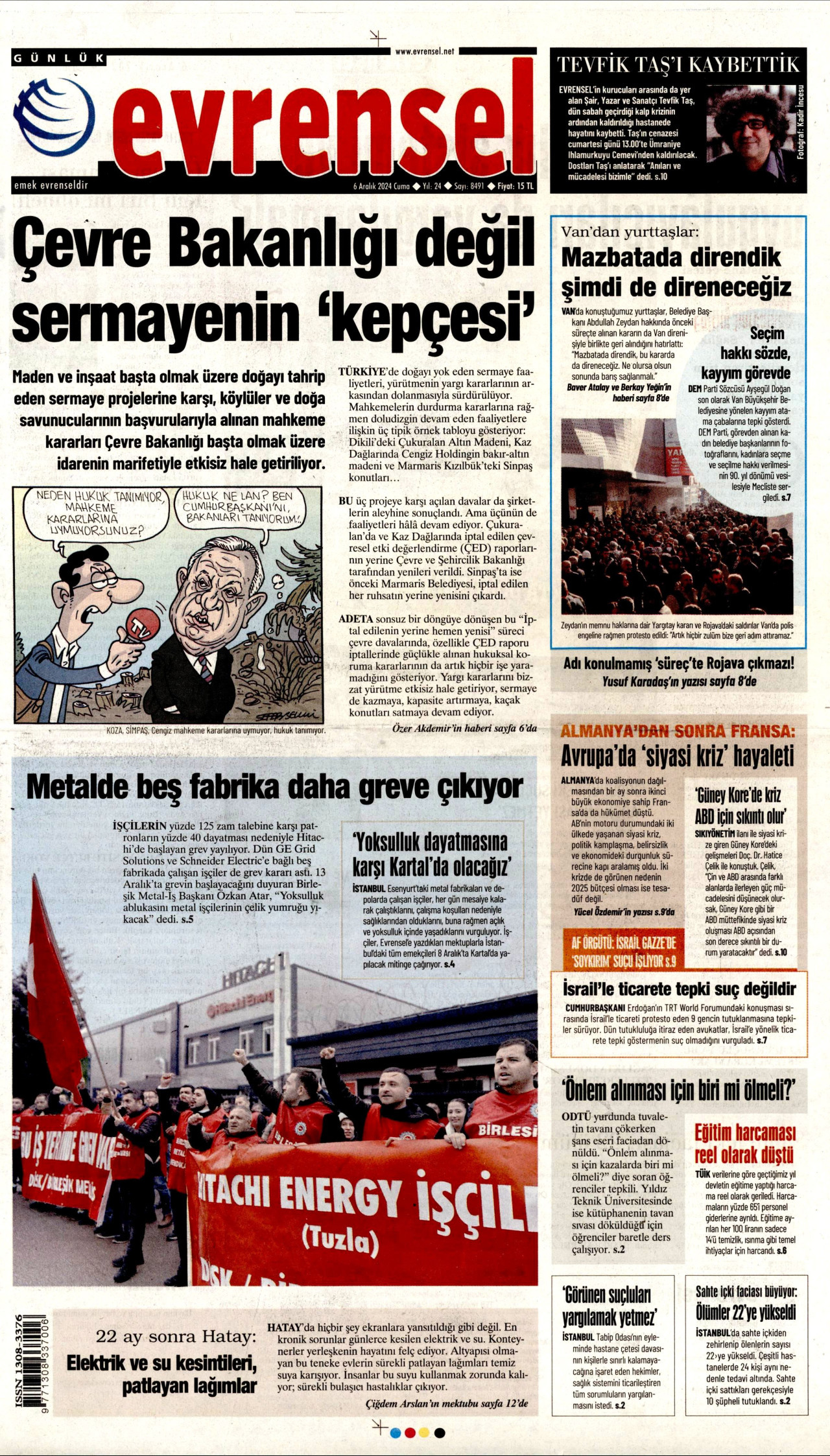 EVRENSEL gazetesinin 6 Aralık 2024 tarihli birinci sayfası