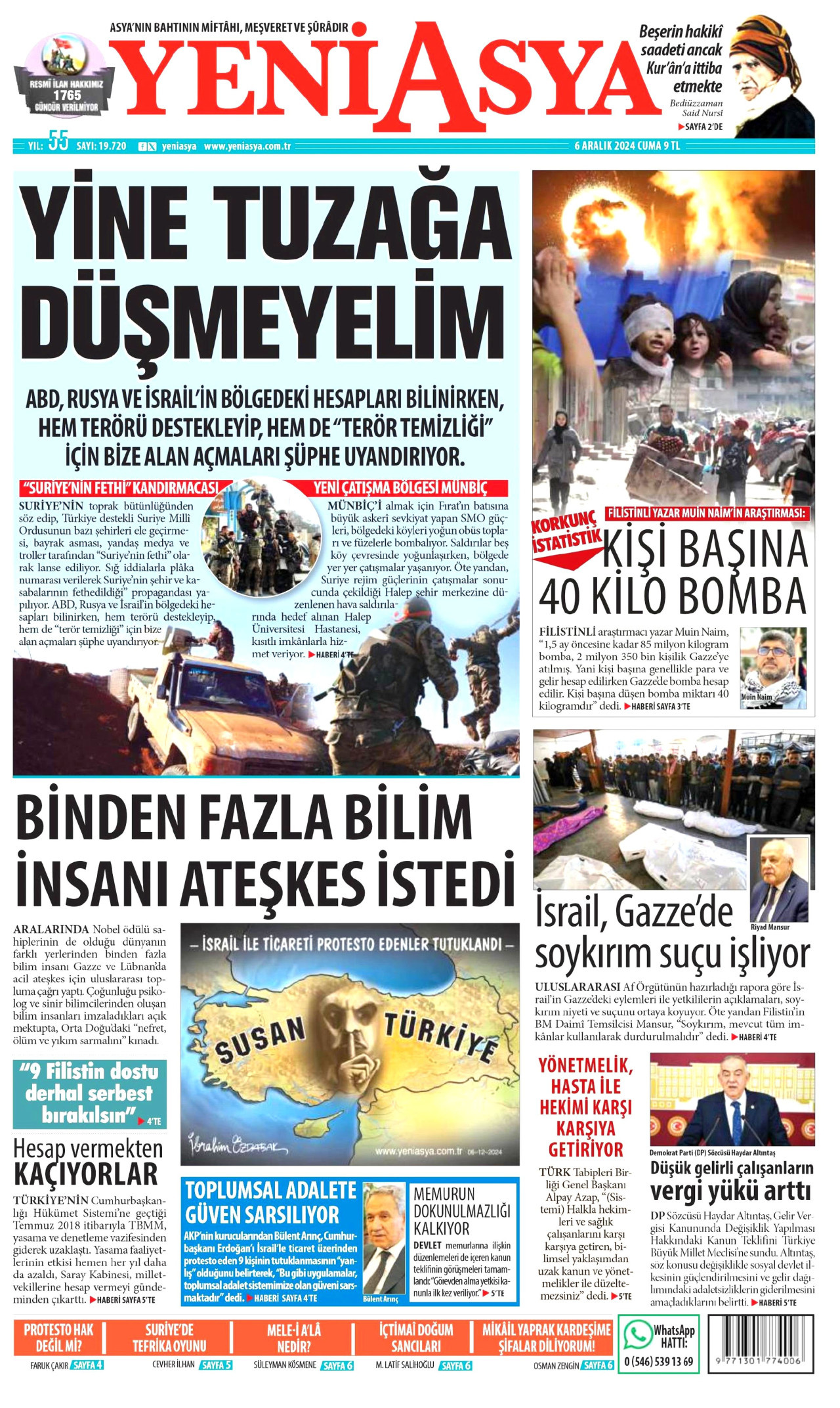 YENİ ASYA gazetesinin 6 Aralık 2024 tarihli birinci sayfası