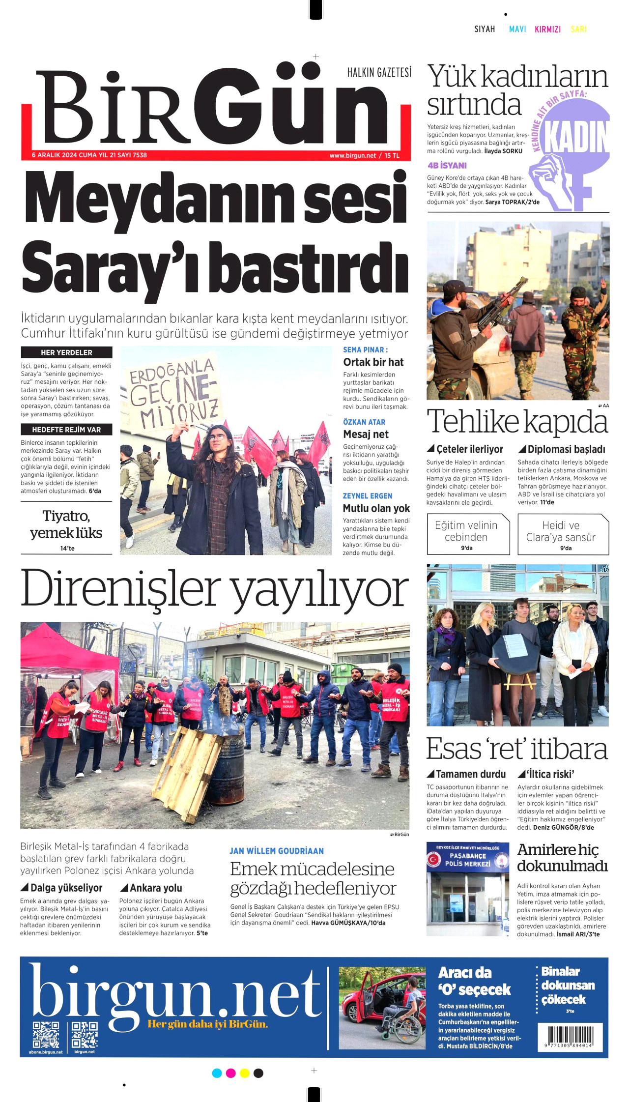 BİRGÜN gazetesinin 6 Aralık 2024 tarihli birinci sayfası