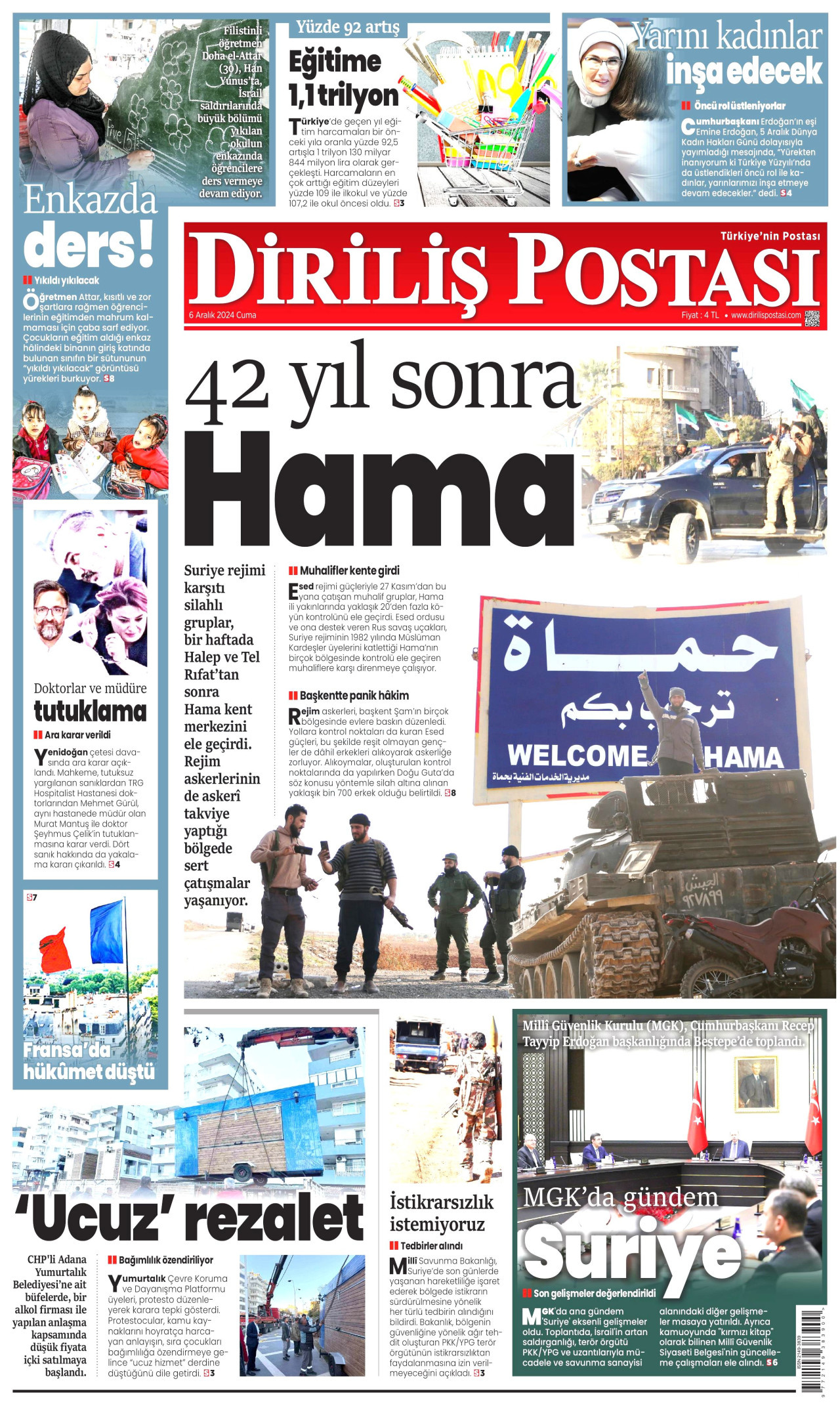 DİRİLİŞ POSTASI gazetesinin 6 Aralık 2024 tarihli birinci sayfası