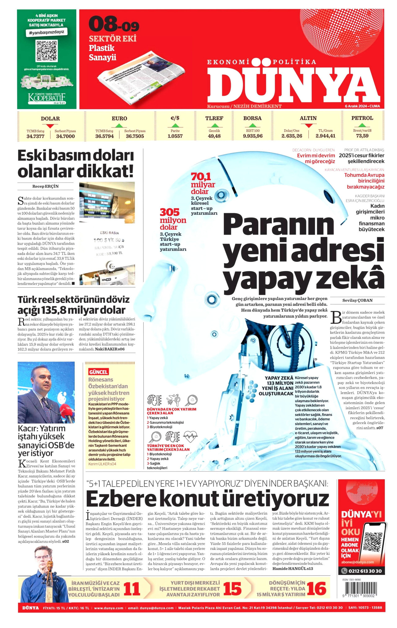 DÜNYA gazetesinin 6 Aralık 2024 tarihli birinci sayfası