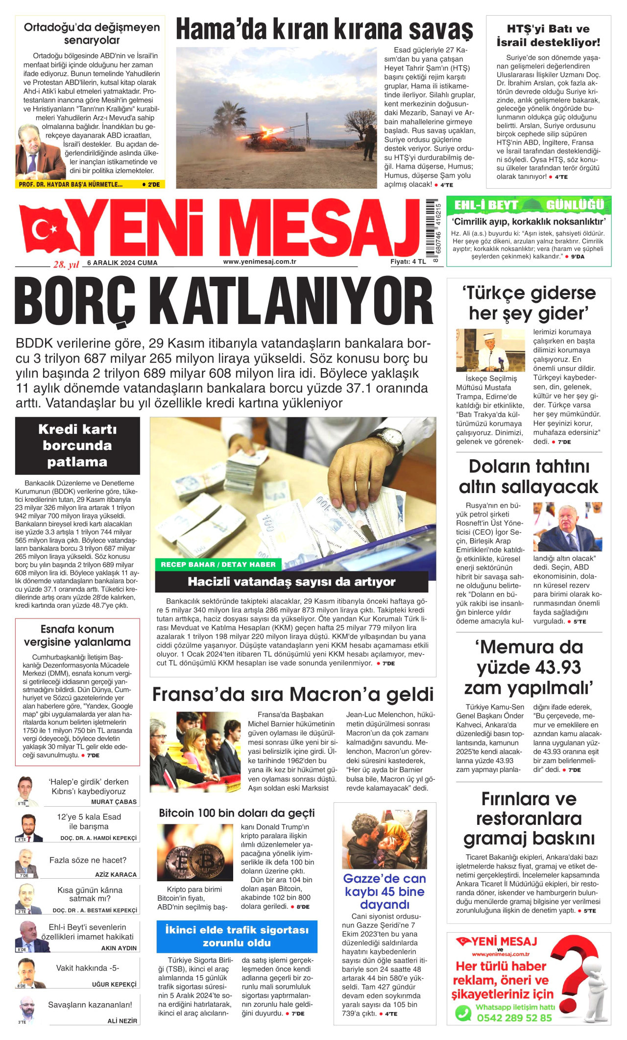 YENİ MESAJ gazetesinin 6 Aralık 2024 tarihli birinci sayfası