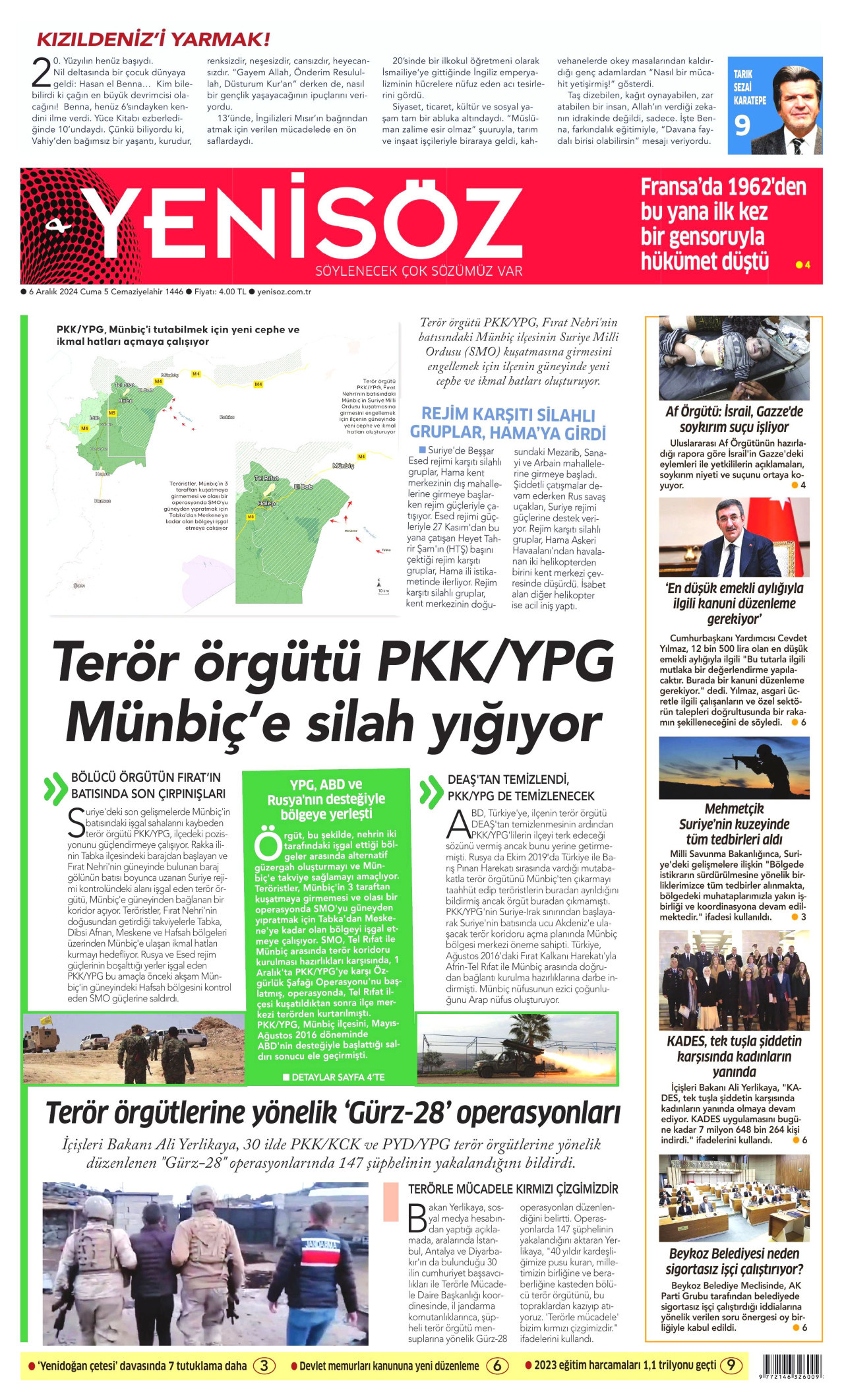 YENİ SÖZ GAZETESİ gazetesinin 6 Aralık 2024 tarihli birinci sayfası