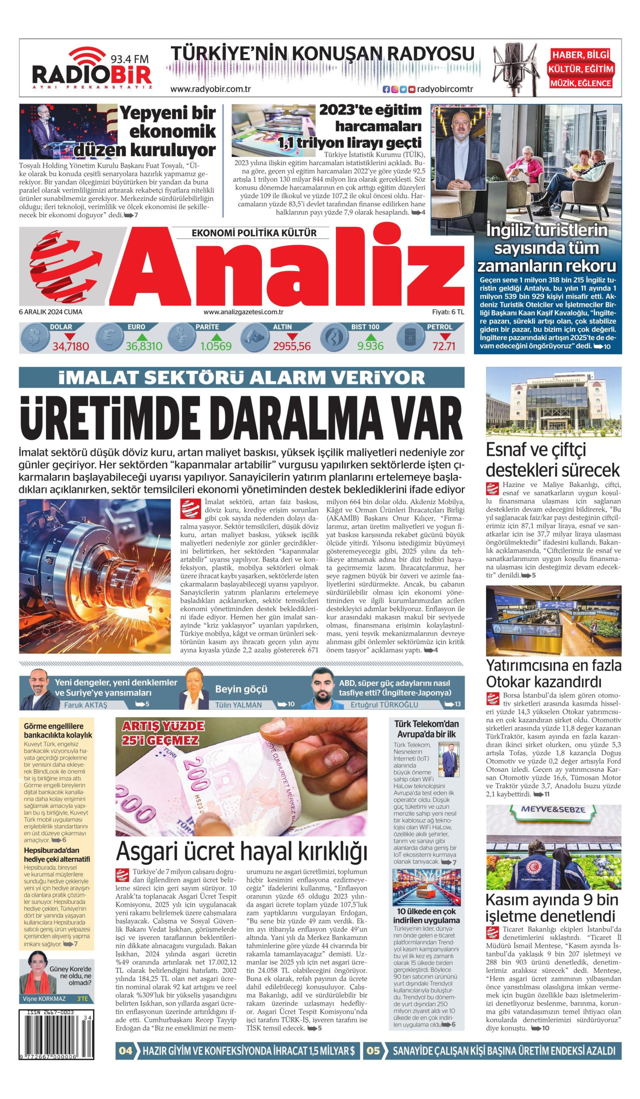 ANALİZ gazetesinin 6 Aralık 2024 tarihli birinci sayfası