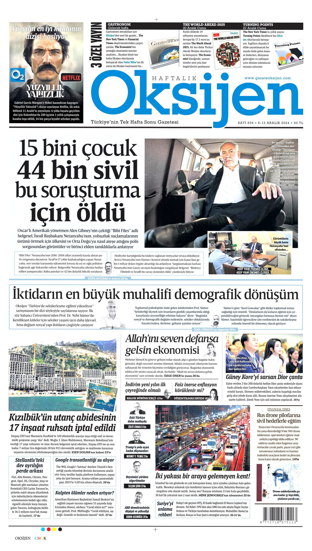 OKSİJEN gazetesinin 6 Aralık 2024 tarihli birinci sayfası