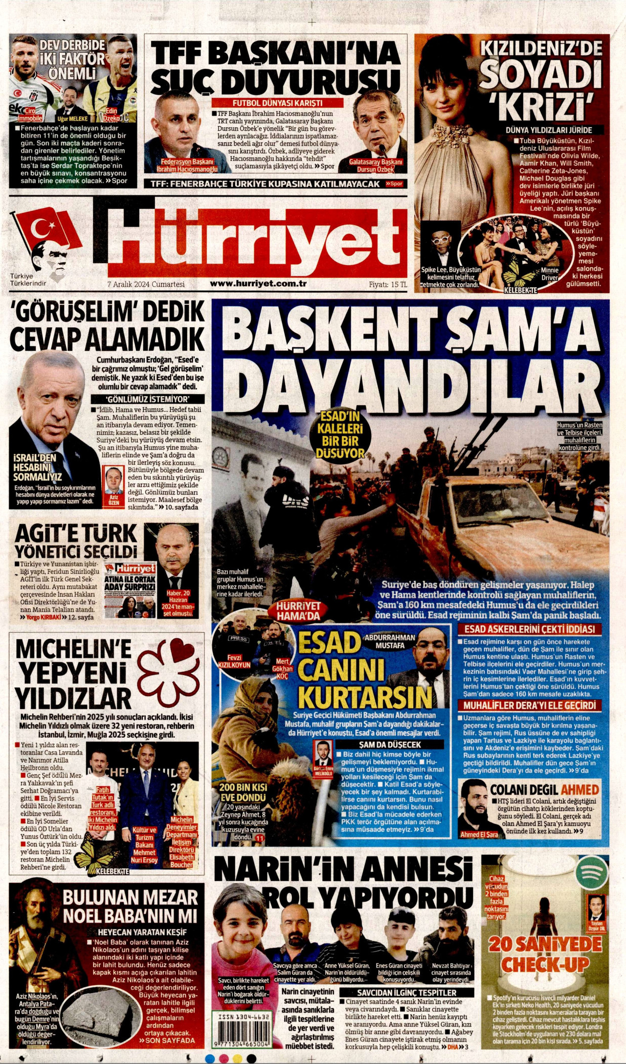 HÜRRİYET gazetesinin 7 Aralık 2024 tarihli birinci sayfası