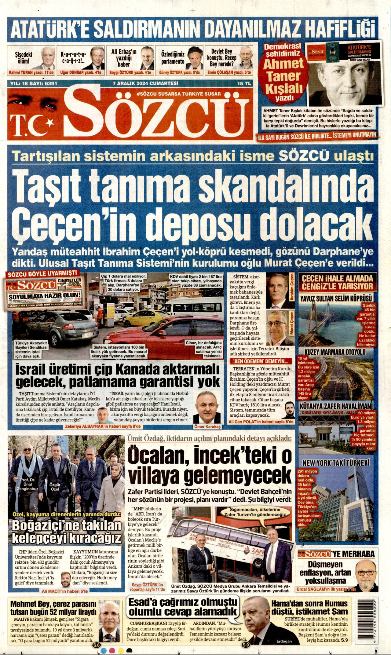 SÖZCÜ gazetesinin 7 Aralık 2024 tarihli birinci sayfası