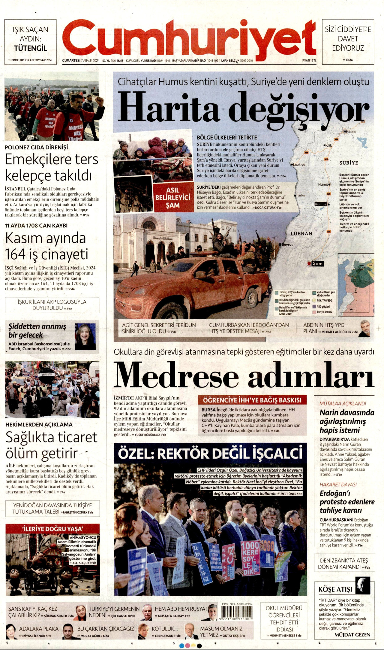 CUMHURİYET gazetesinin 7 Aralık 2024 tarihli birinci sayfası