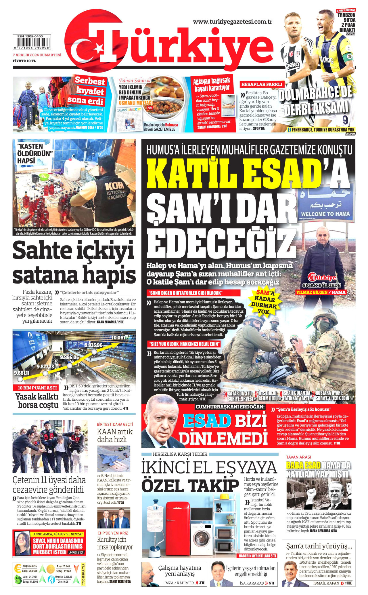 TÜRKİYE GAZETESİ gazetesinin 7 Aralık 2024 tarihli birinci sayfası